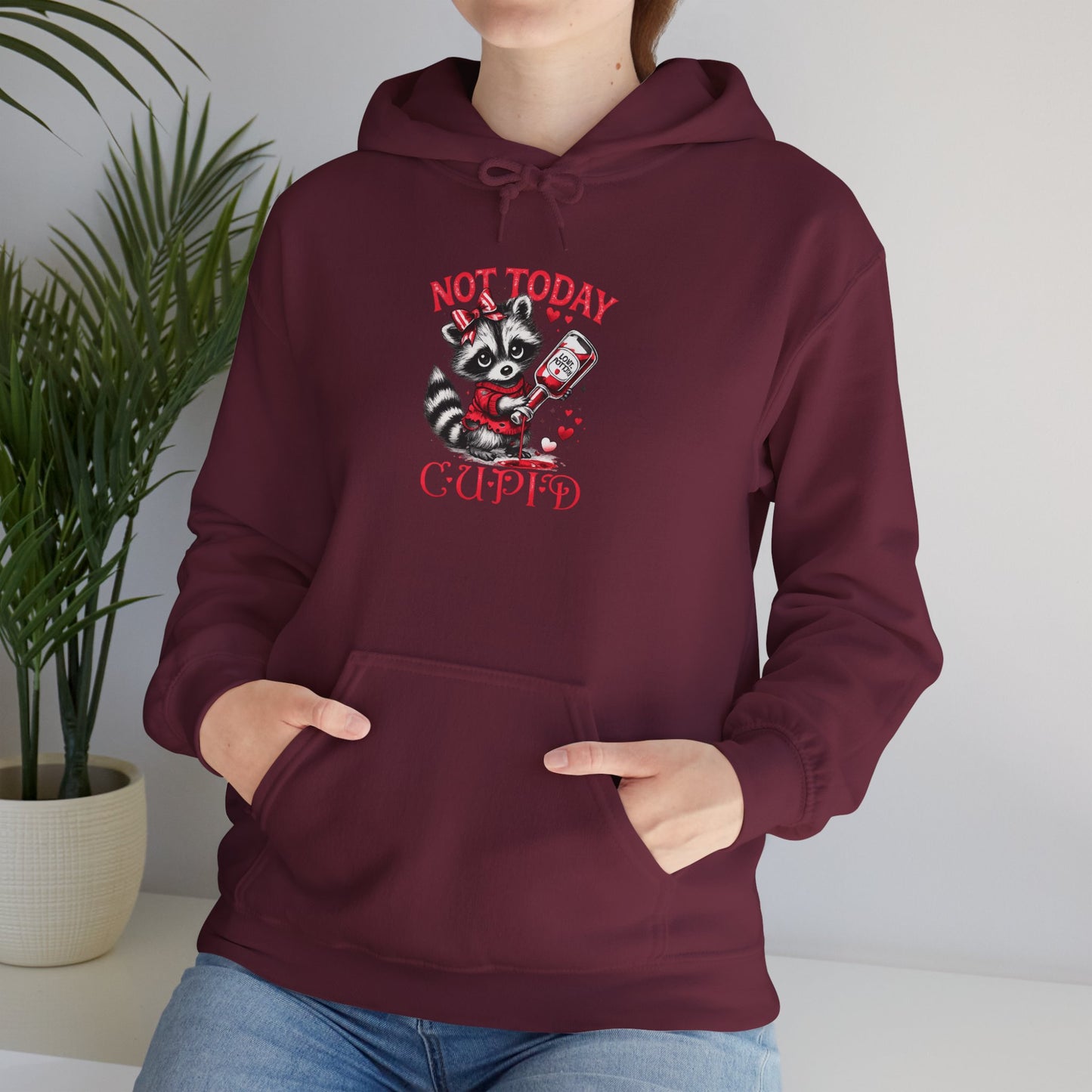 Not Today Cupido Raccoon Hoodie — Funny Valentine Anti-Love Sweatshirt