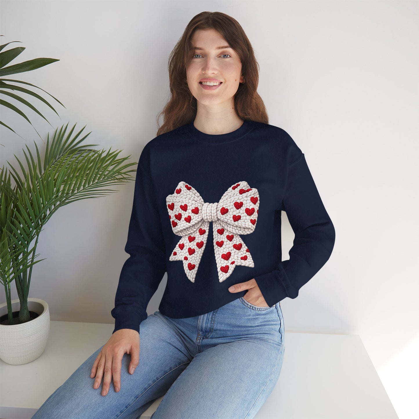 Crewneck Sweatshirt — Knit Heart Bow Graphic (Valentine’s Day, Cute Cozy Pullover)