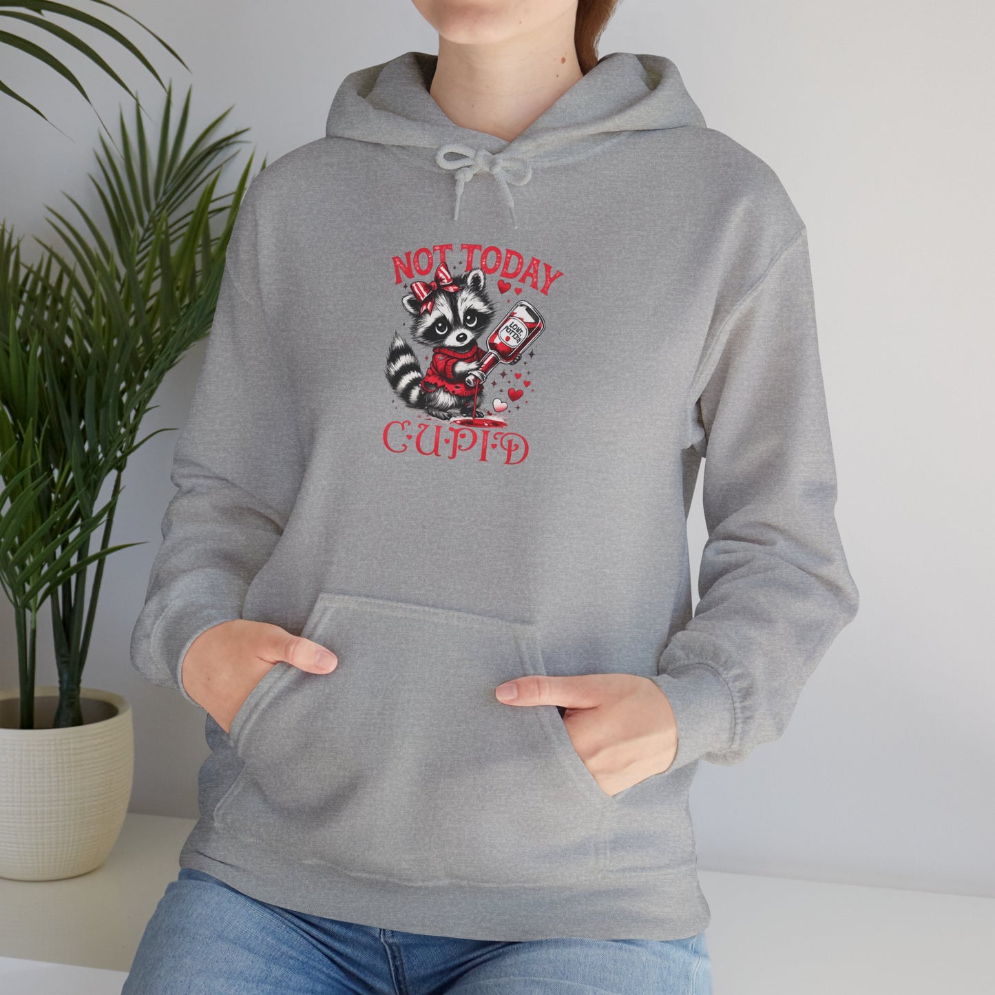 Not Today Cupido Raccoon Hoodie — Funny Valentine Anti-Love Sweatshirt
