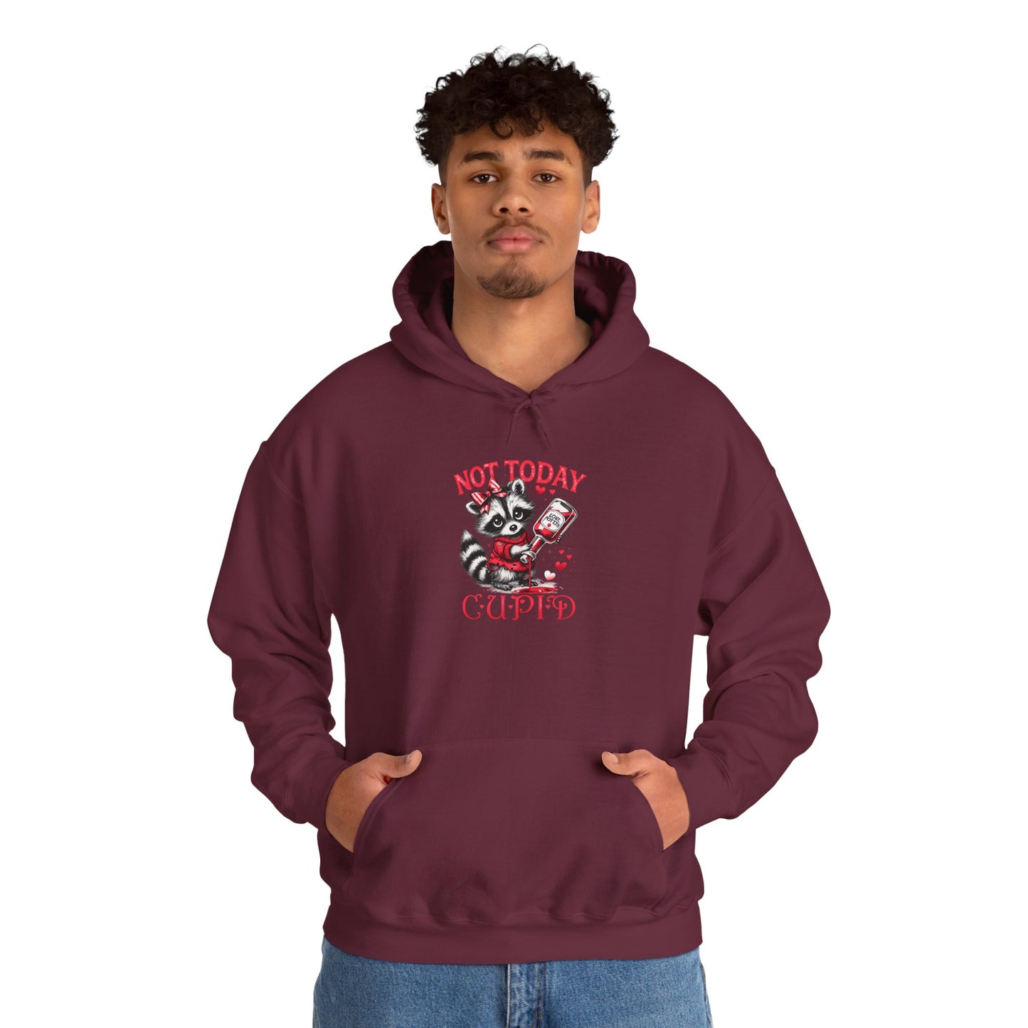 Not Today Cupido Raccoon Hoodie — Funny Valentine Anti-Love Sweatshirt