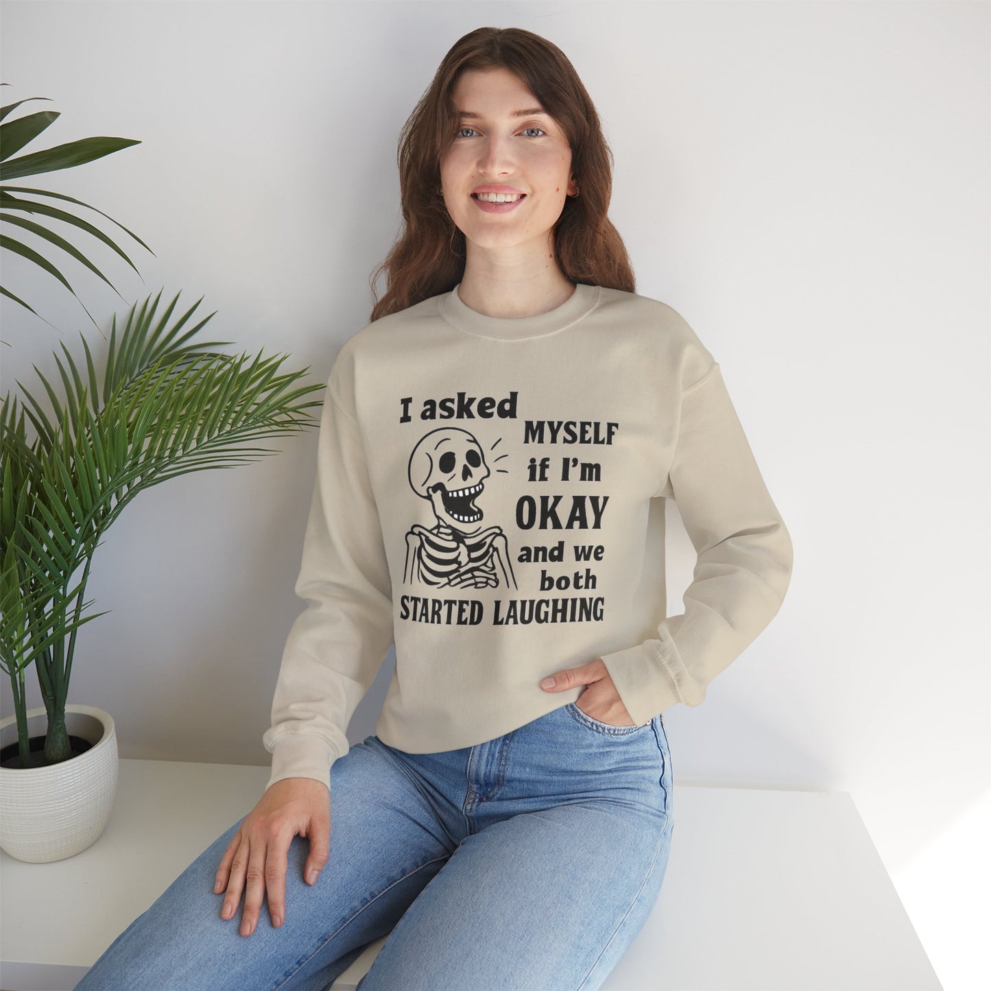 Funny Skeleton Sweatshirt, Unisex Crewneck for Comfort, Perfect for Halloween, Casual Wear, Gift for Friends, Cozy Laughs