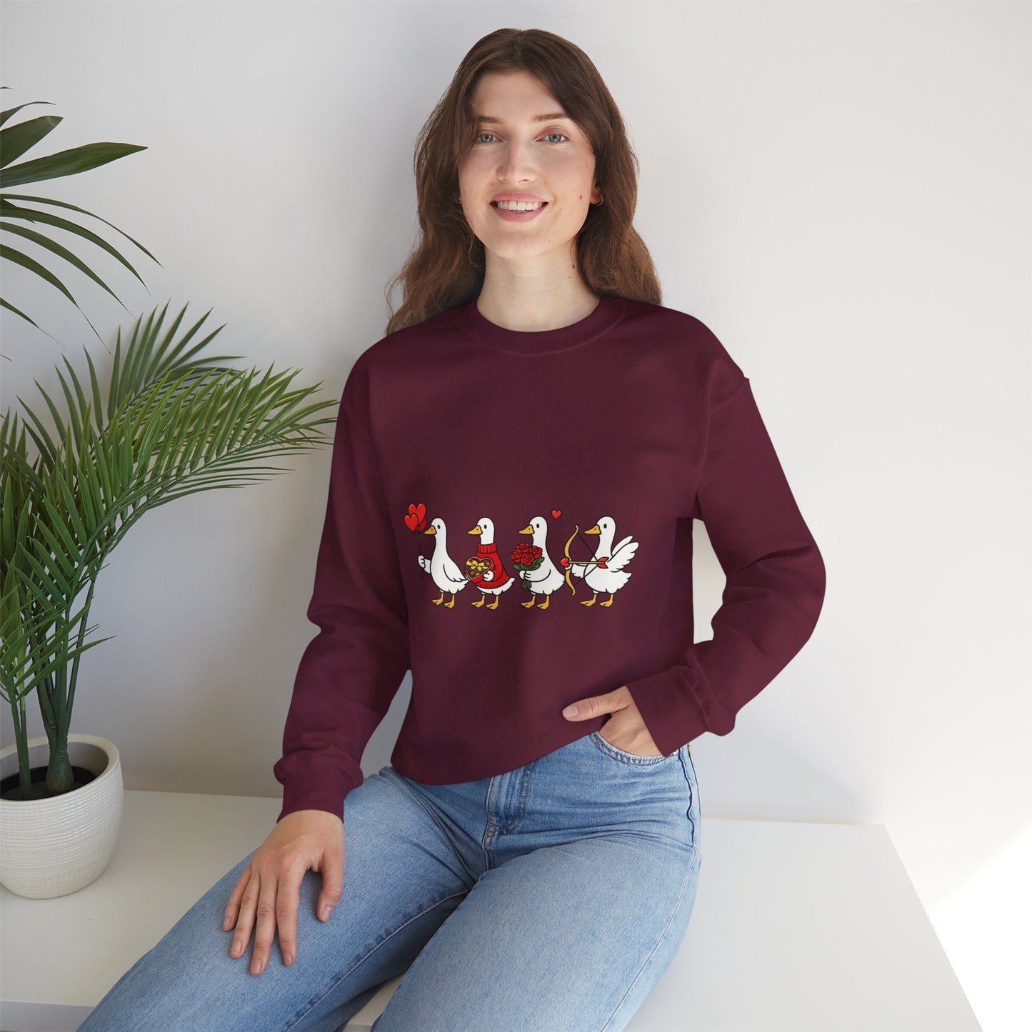 Geese Parade Crewneck Sweatshirt – Cute Valentine Ducks Holding Hearts Graphic