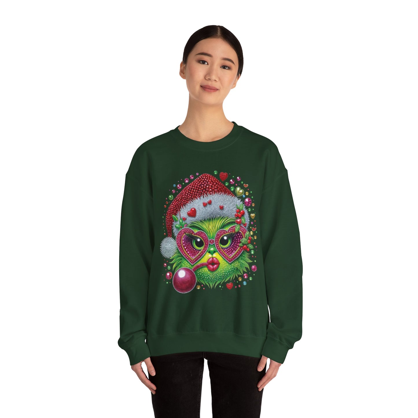 Christmas Grinch Cat Sweatshirt — Festive Santa Hat & Heart Sunglasses Holiday Crewneck