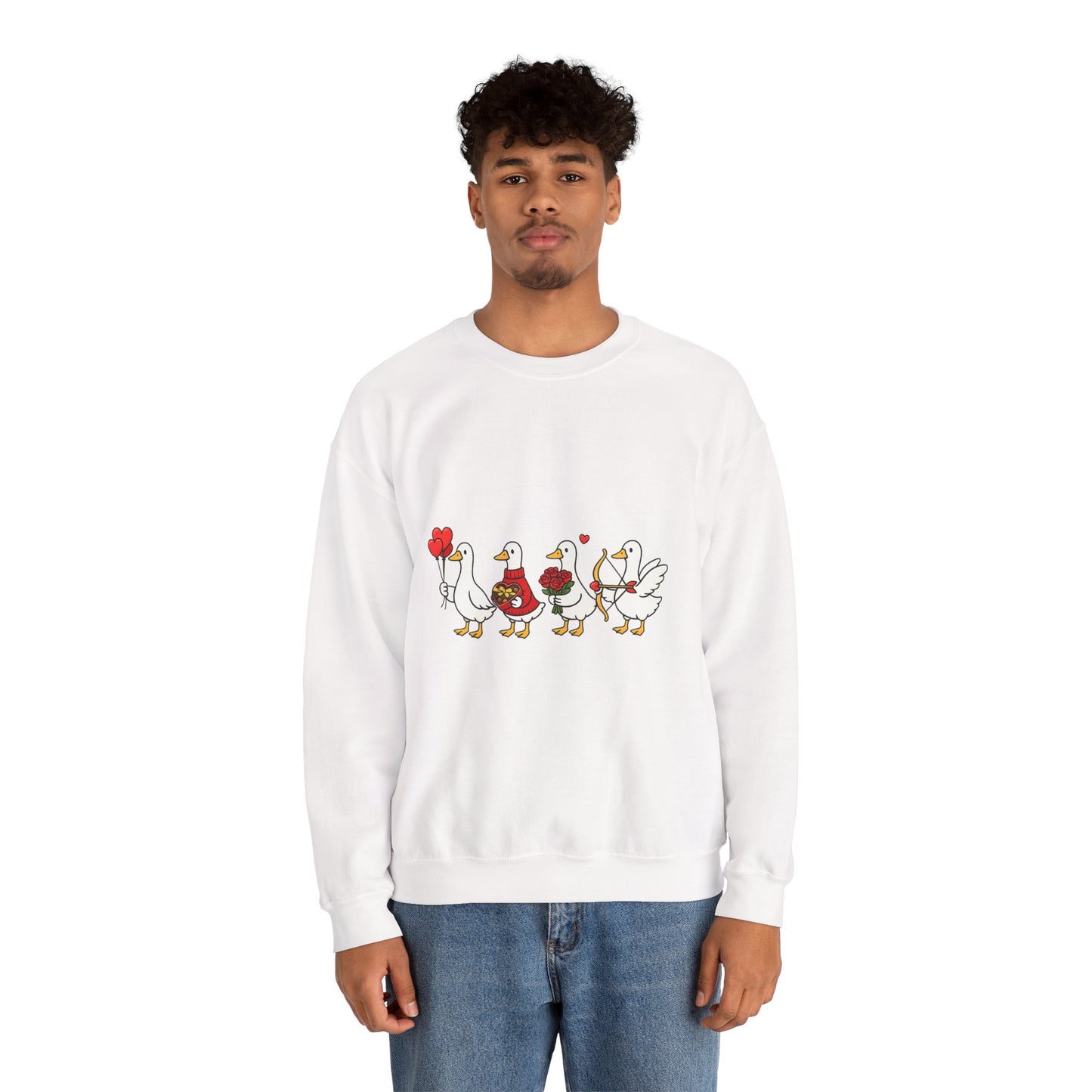 Geese Parade Crewneck Sweatshirt – Cute Valentine Ducks Holding Hearts Graphic