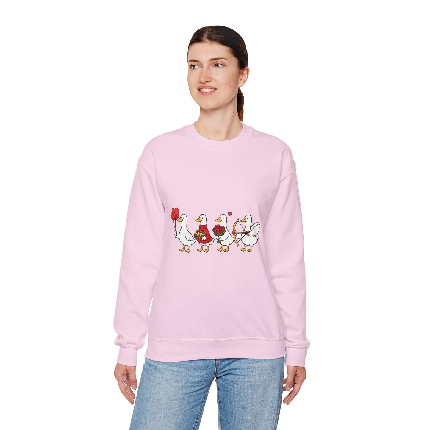 Geese Parade Crewneck Sweatshirt – Cute Valentine Ducks Holding Hearts Graphic