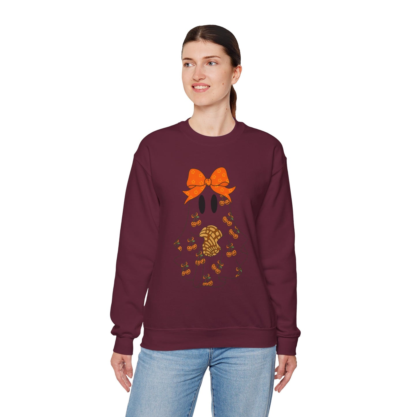 Cute Ghost with Bow Sweatshirt, Halloween Gift, Cozy Crewneck, Unisex Pullover, Fall Fashion, Seasonal Apparel
