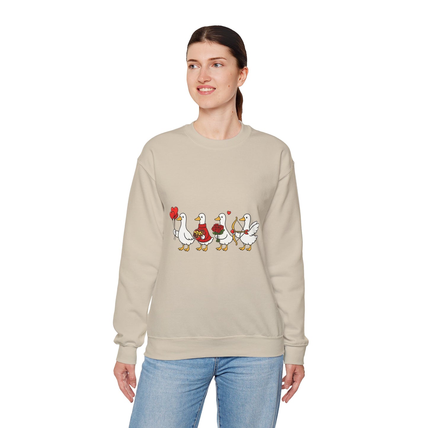 Geese Parade Crewneck Sweatshirt – Cute Valentine Ducks Holding Hearts Graphic