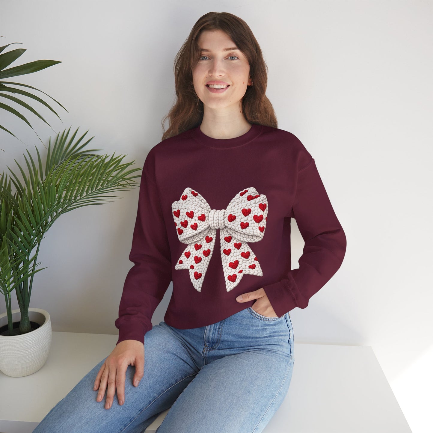 Crewneck Sweatshirt — Knit Heart Bow Graphic (Valentine’s Day, Cute Cozy Pullover)