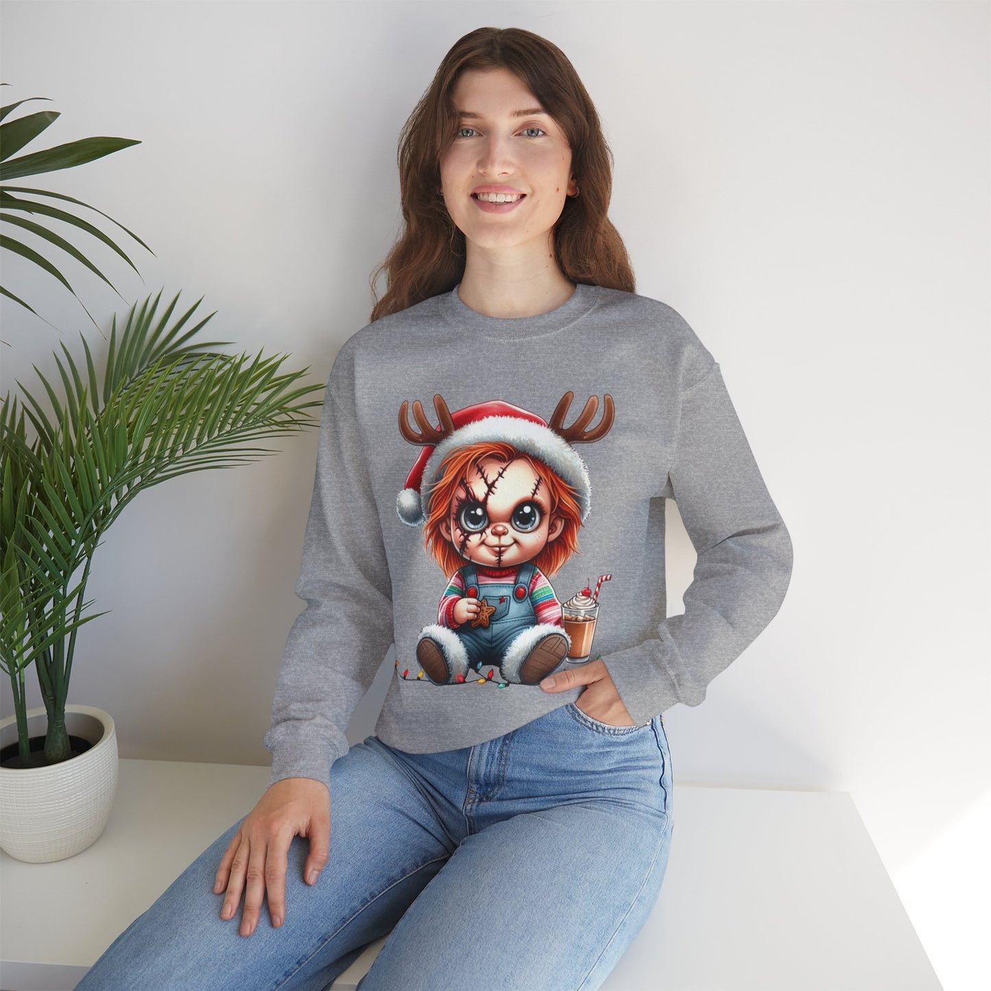Christmas Chucky Crewneck Sweatshirt — Cute Creepy Reindeer Chucky Holiday Sweatshirt