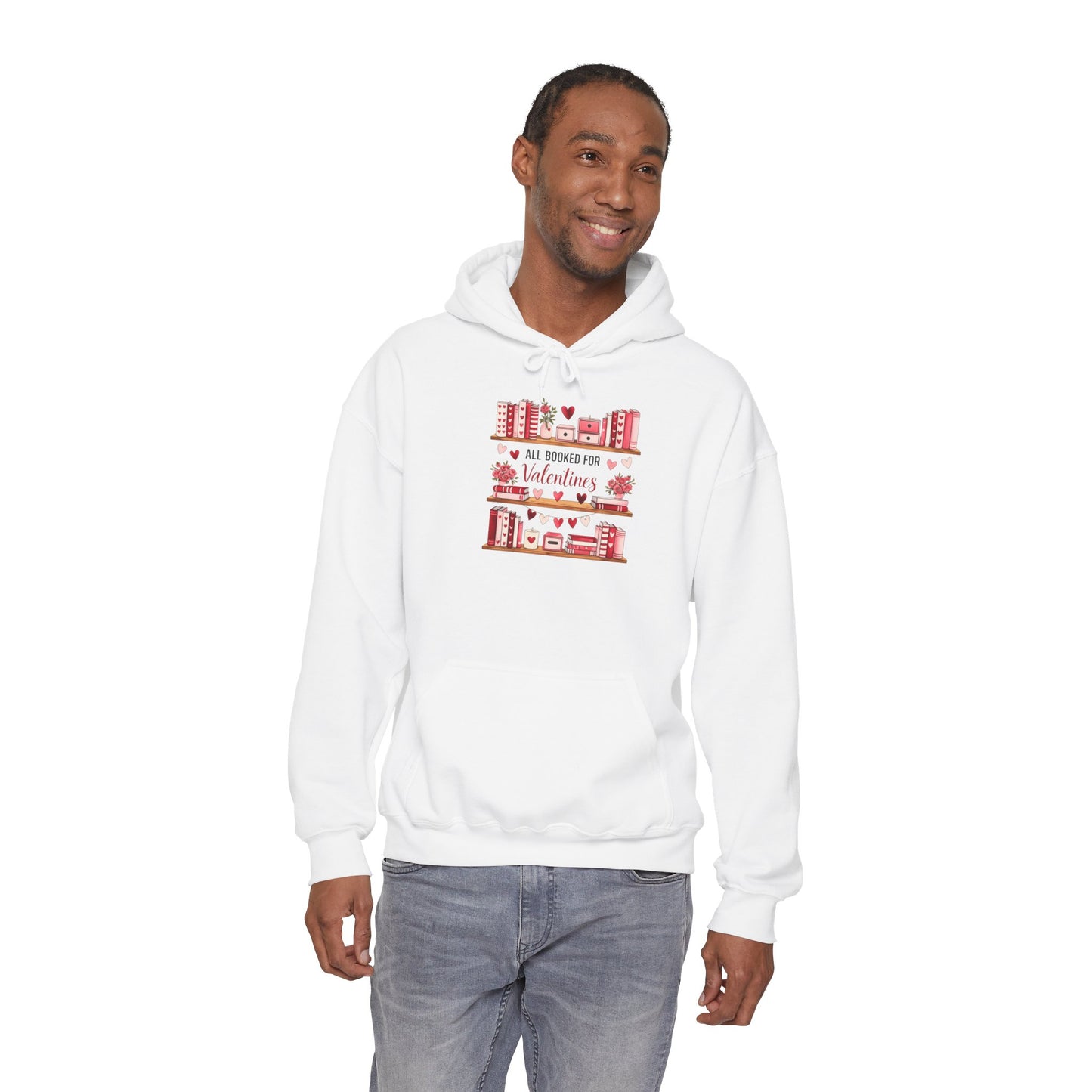 Valentine’s Day Cozy Hoodie – “All Booked for Valentine’s” Cute Bookshop Graphic