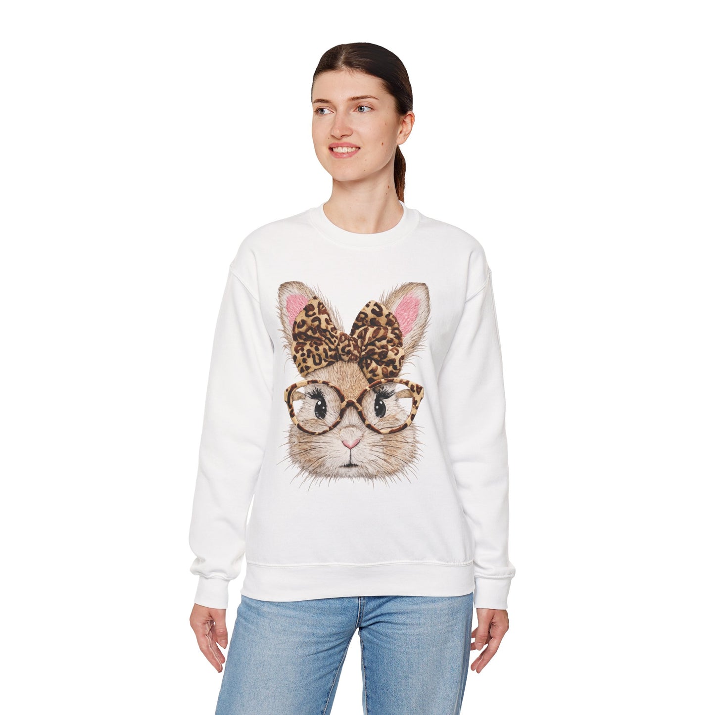 Bunny with Leopard Bow Sweatshirt – Cute Bunny Face with Glasses Graphic Crewneck