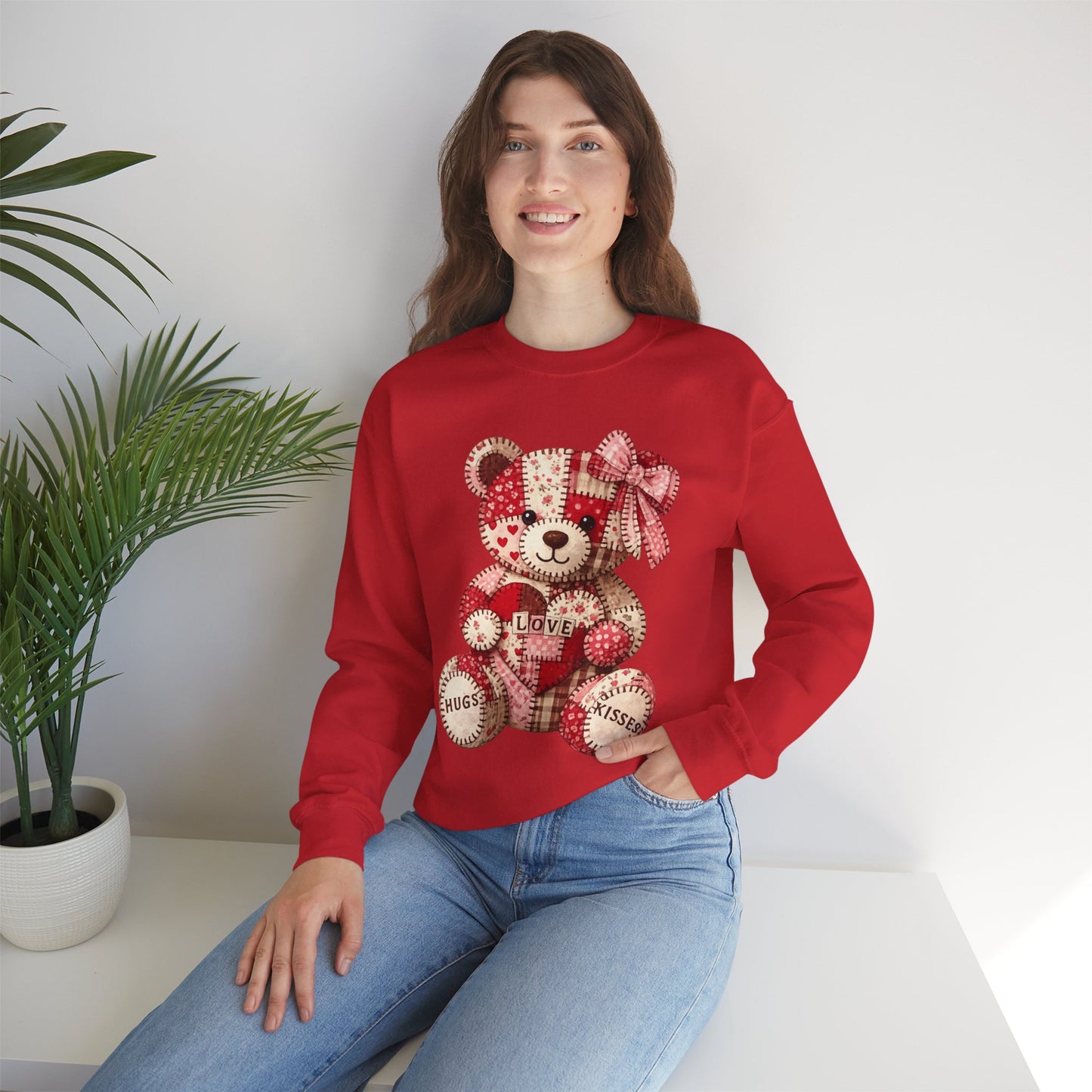 Valentine Patchwork Teddy Sweatshirt — 'Love' Hugs & Kisses Crewneck