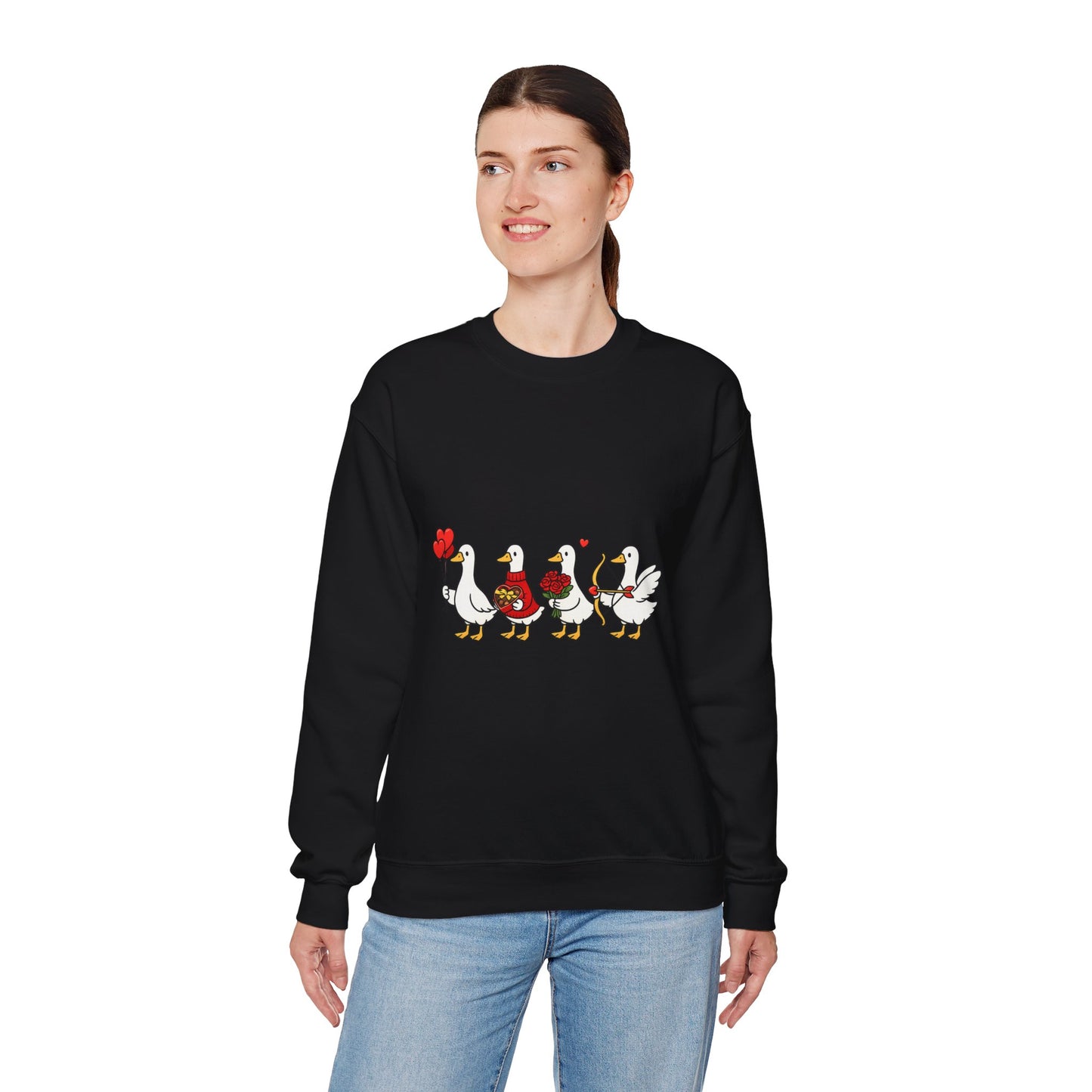 Geese Parade Crewneck Sweatshirt – Cute Valentine Ducks Holding Hearts Graphic
