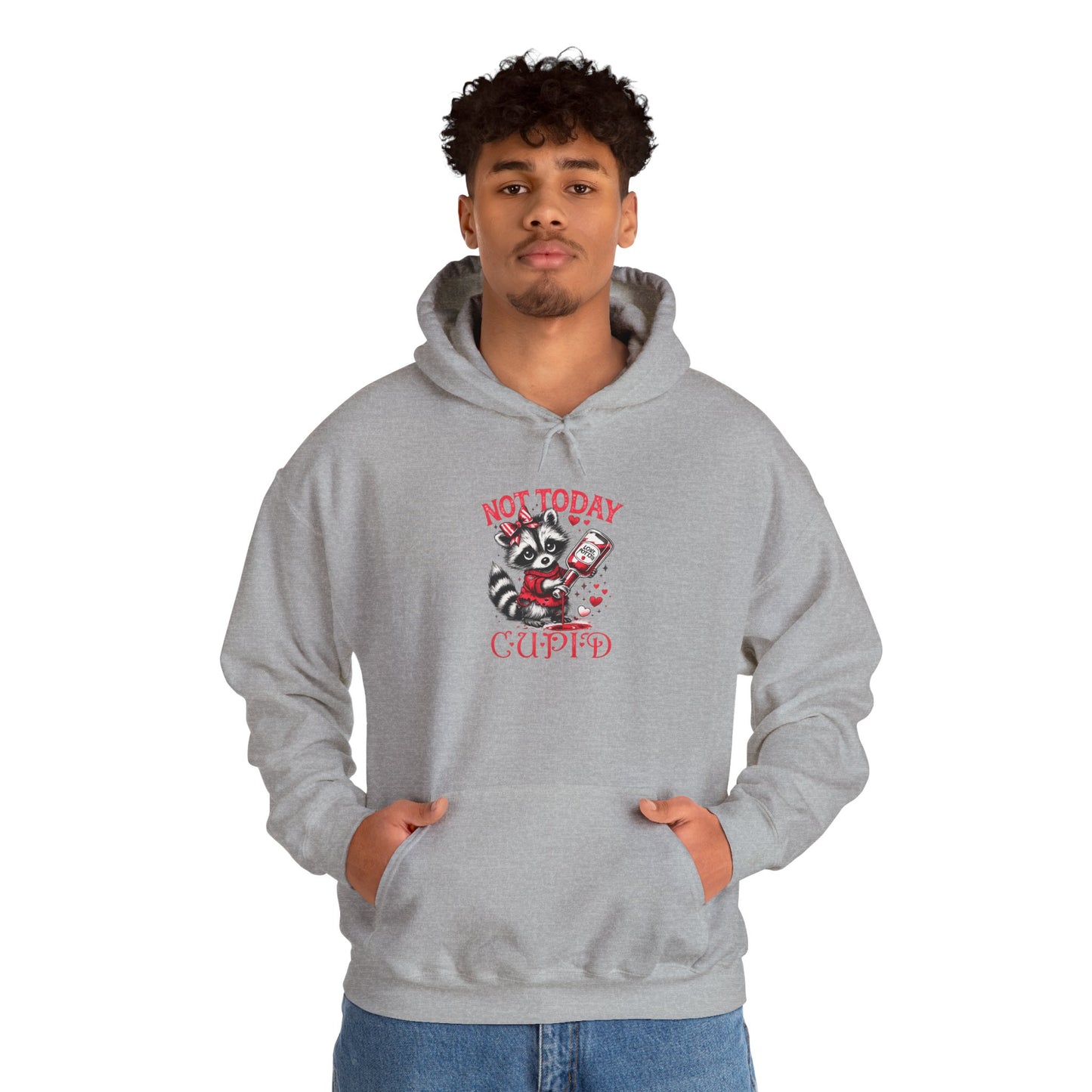 Not Today Cupido Raccoon Hoodie — Funny Valentine Anti-Love Sweatshirt