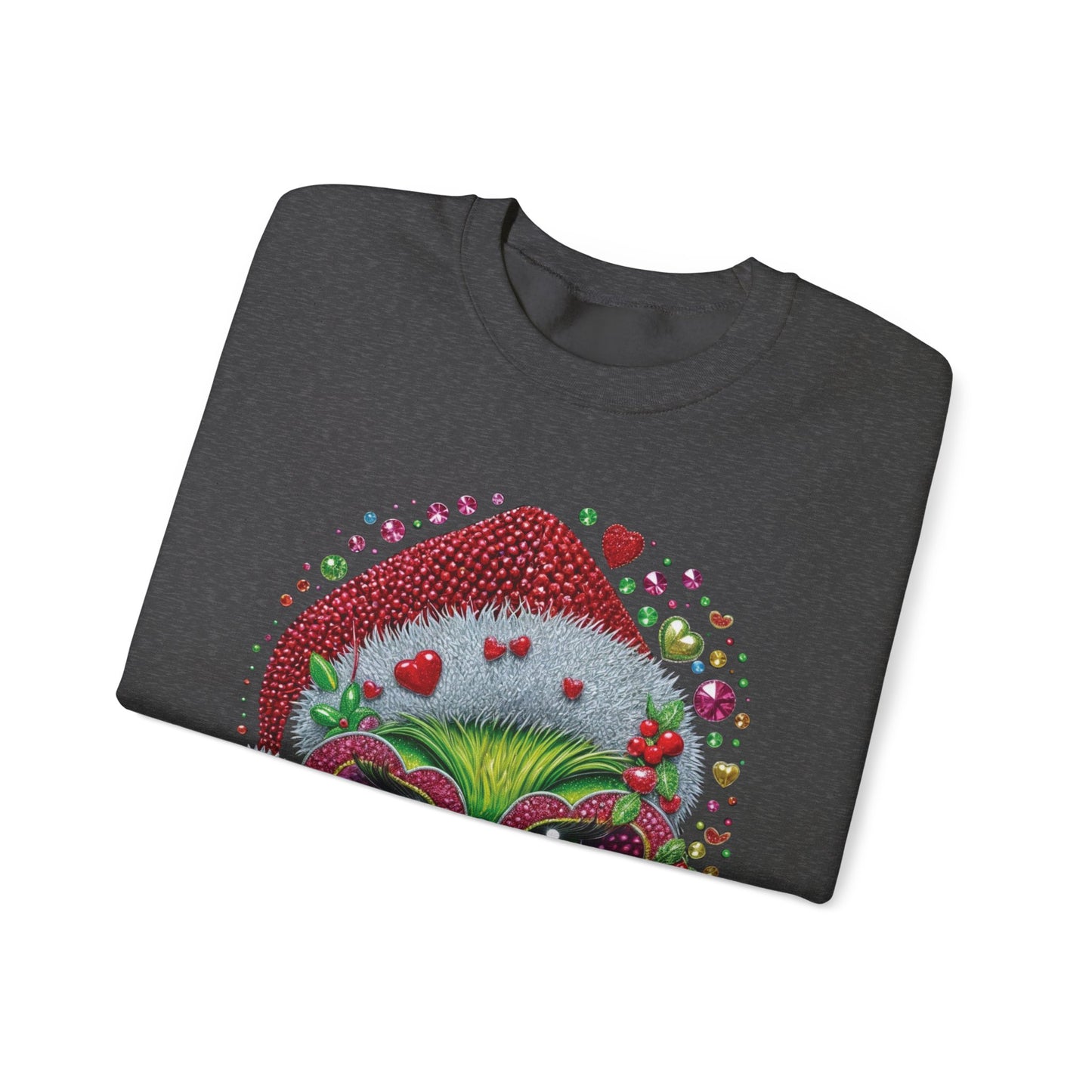 Christmas Grinch Cat Sweatshirt — Festive Santa Hat & Heart Sunglasses Holiday Crewneck