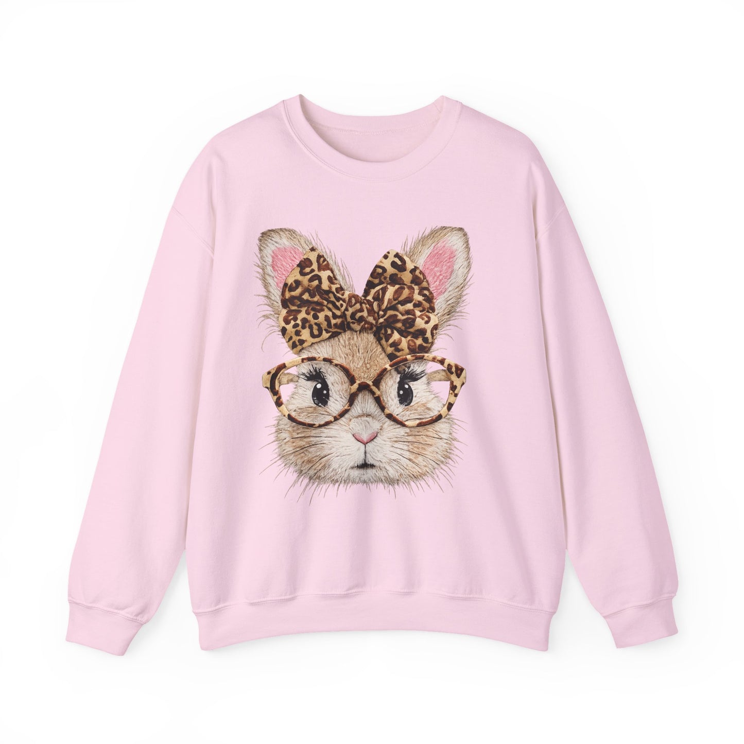Bunny with Leopard Bow Sweatshirt – Cute Bunny Face with Glasses Graphic Crewneck