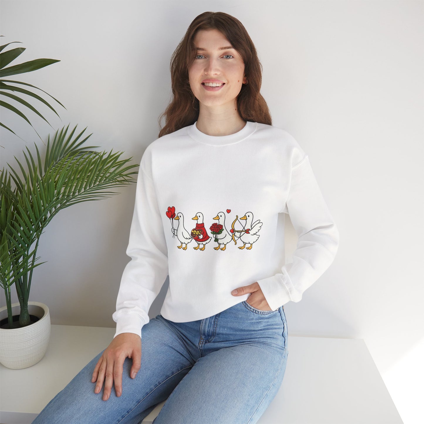 Geese Parade Crewneck Sweatshirt – Cute Valentine Ducks Holding Hearts Graphic