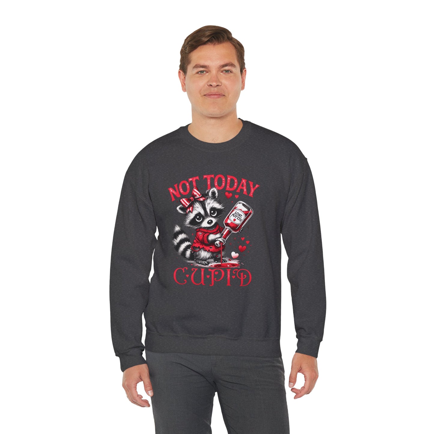 Not Today Cupid Sweatshirt — Cute Raccoon Anti-Valentine Crewneck