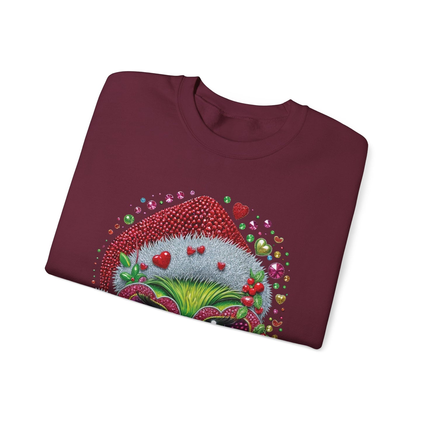 Christmas Grinch Cat Sweatshirt — Festive Santa Hat & Heart Sunglasses Holiday Crewneck