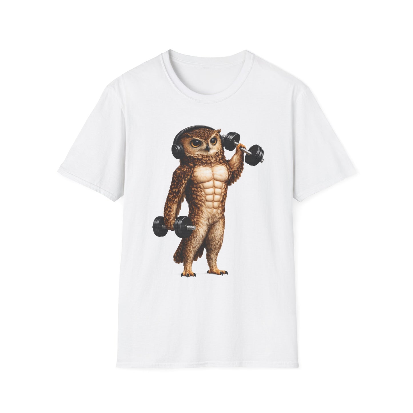 Fitness Owl T-Shirt — Muscular Owl Lifting Dumbbells Graphic Tee