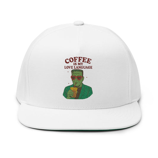 Coffee Love Language Embroidered Flat Bill Cap, Cool Hats, Gift for Coffee Lovers, Trendy Headwear, Unique Apparel