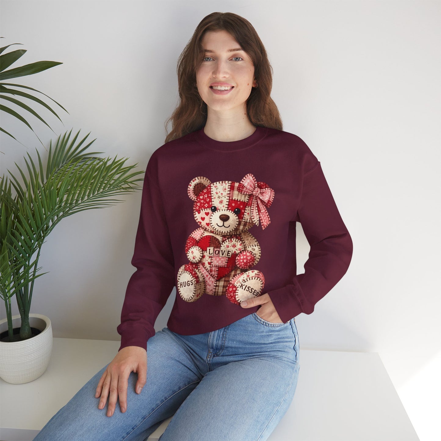 Valentine Patchwork Teddy Sweatshirt — 'Love' Hugs & Kisses Crewneck