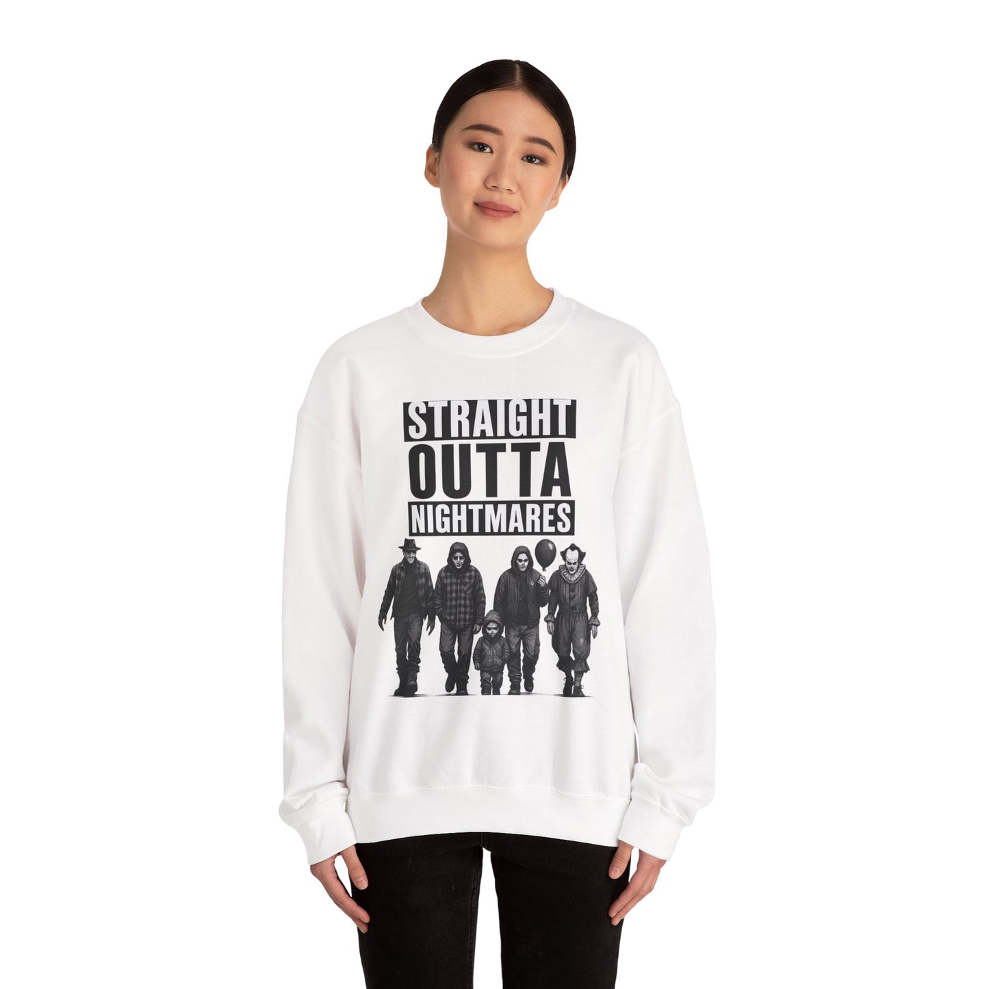 Straight Outta Nightmares Crewneck Sweatshirt | Unisex Pullover for Halloween, Cozy Gift for Horror Fans, Casual Layering
