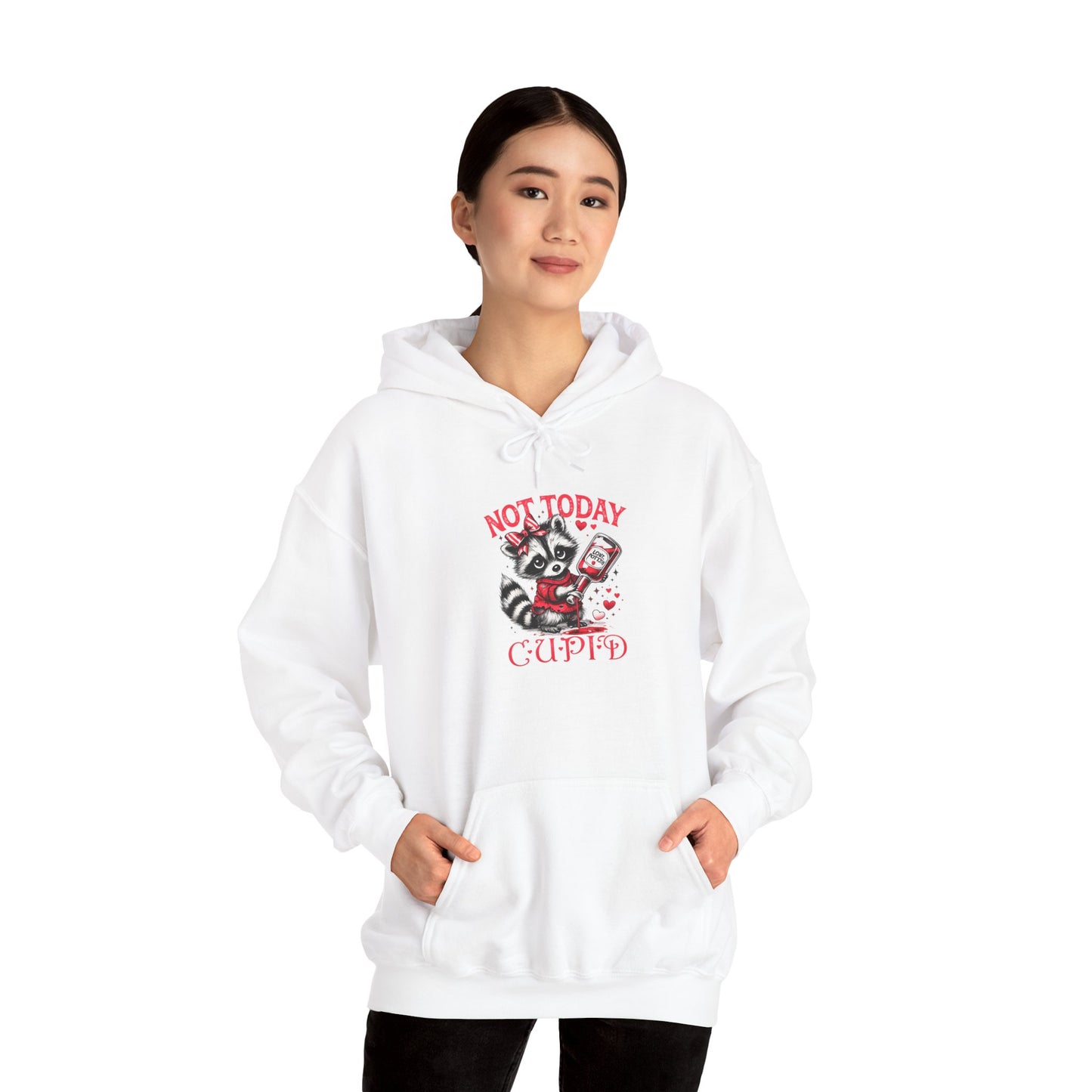 Not Today Cupido Raccoon Hoodie — Funny Valentine Anti-Love Sweatshirt