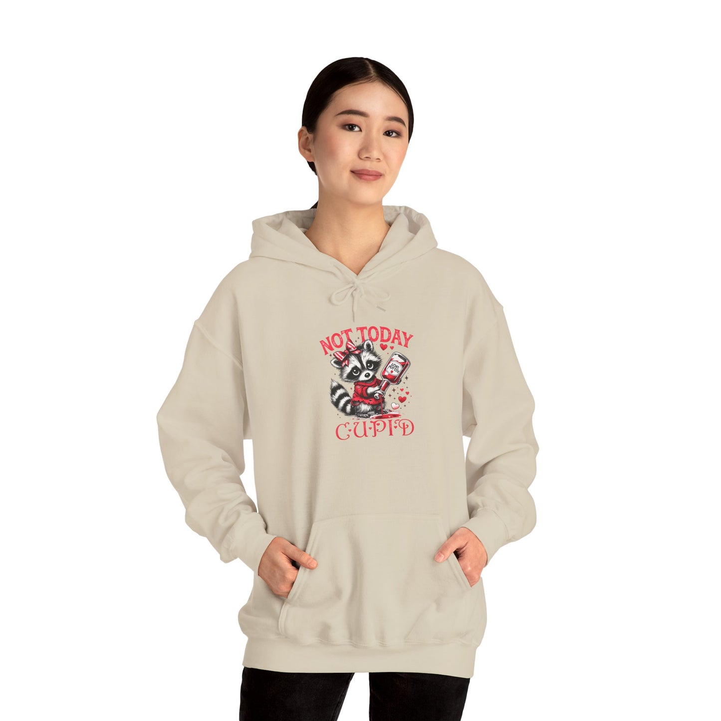 Not Today Cupido Raccoon Hoodie — Funny Valentine Anti-Love Sweatshirt