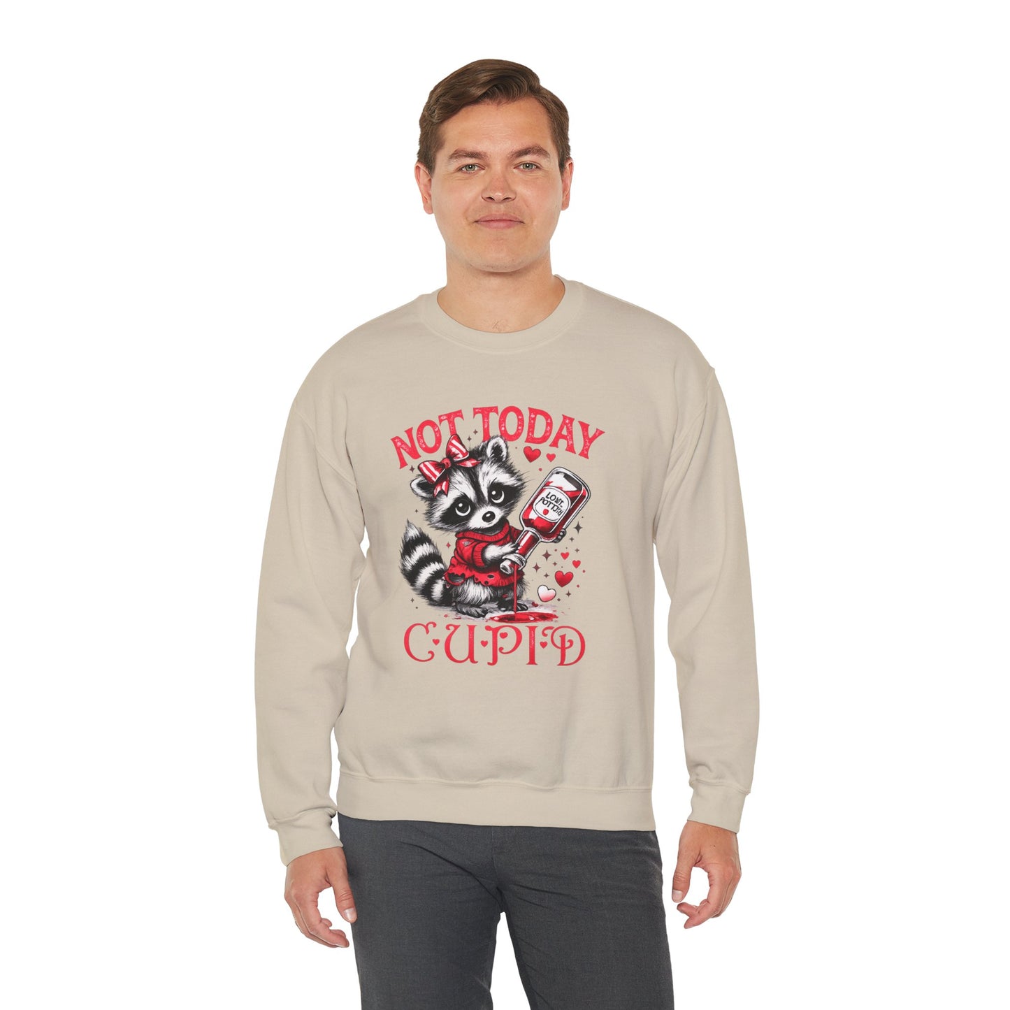 Not Today Cupid Sweatshirt — Cute Raccoon Anti-Valentine Crewneck