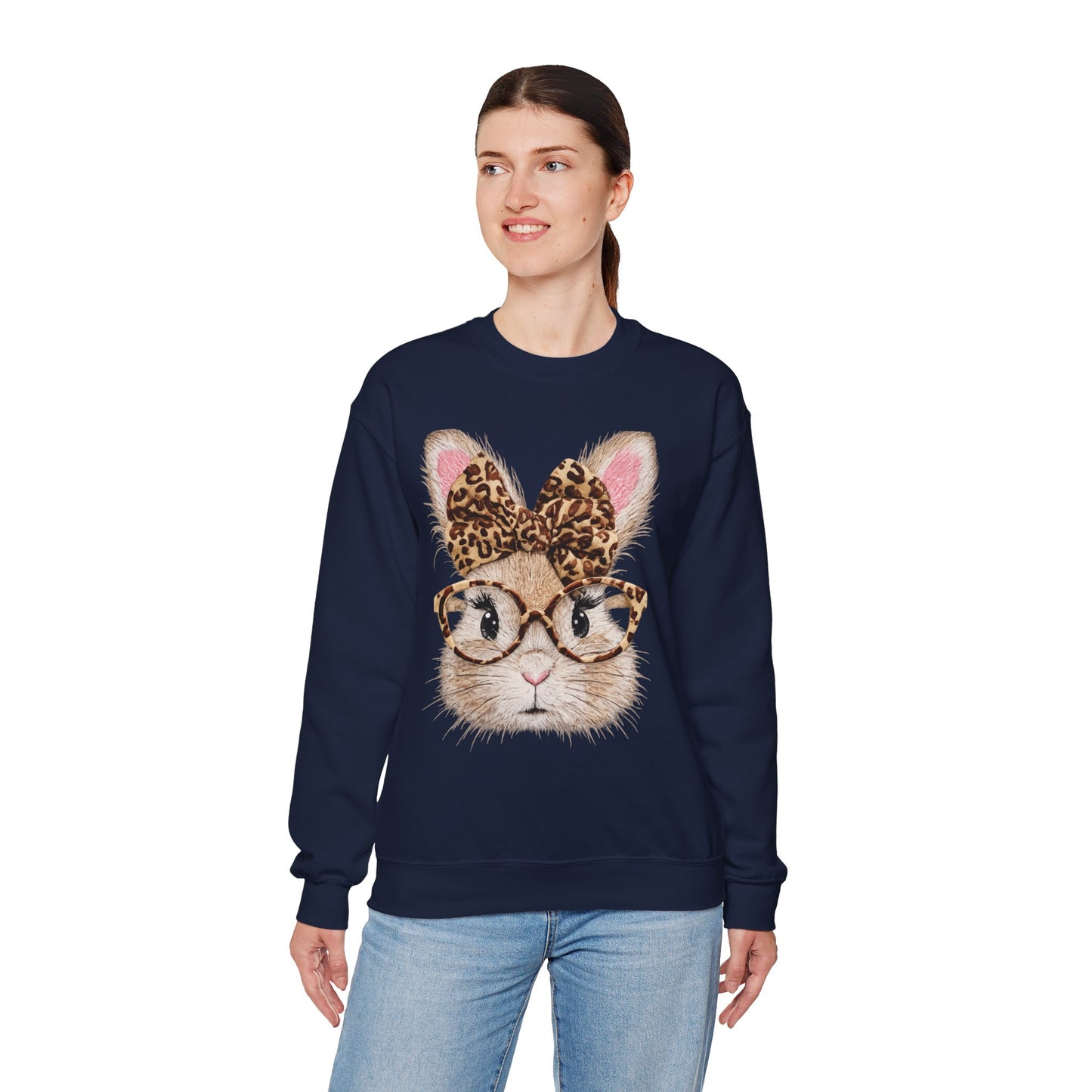 Bunny with Leopard Bow Sweatshirt – Cute Bunny Face with Glasses Graphic Crewneck