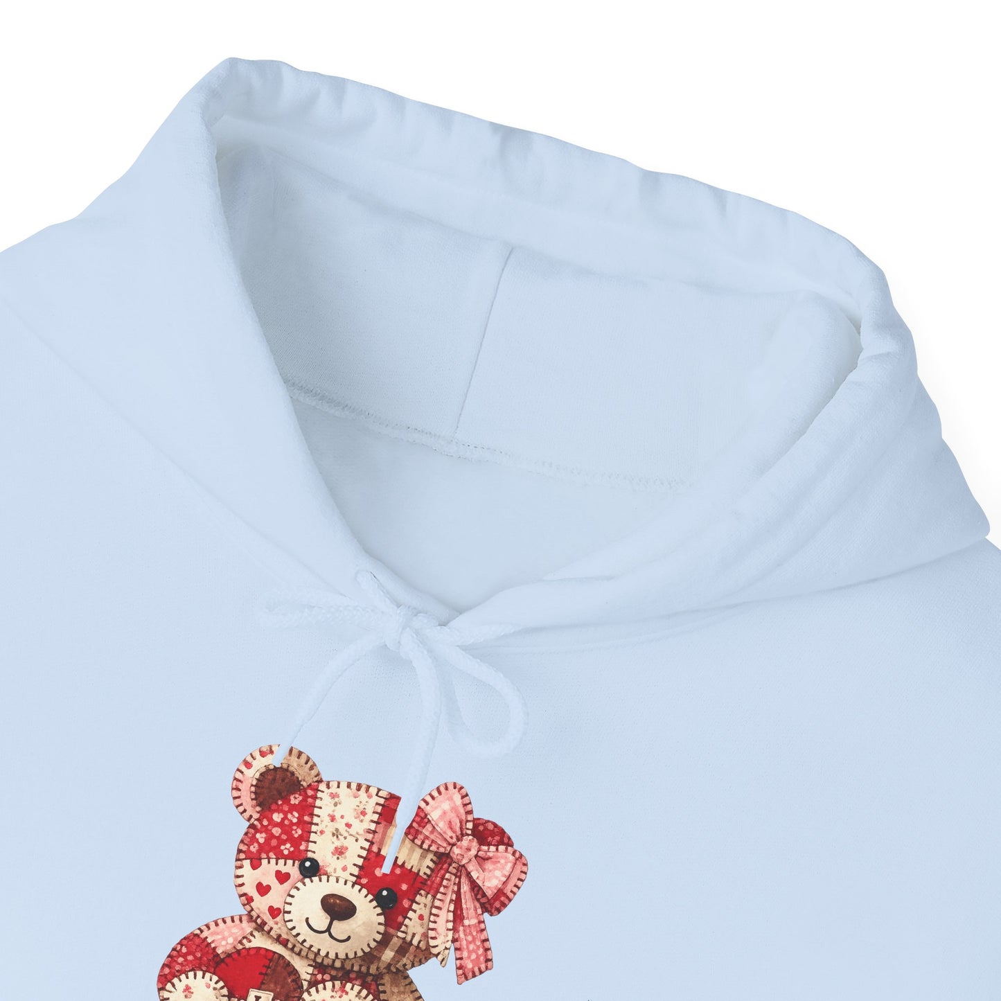 Teddy Bear Hoodie — Vintage Patchwork Bear Design with Bow