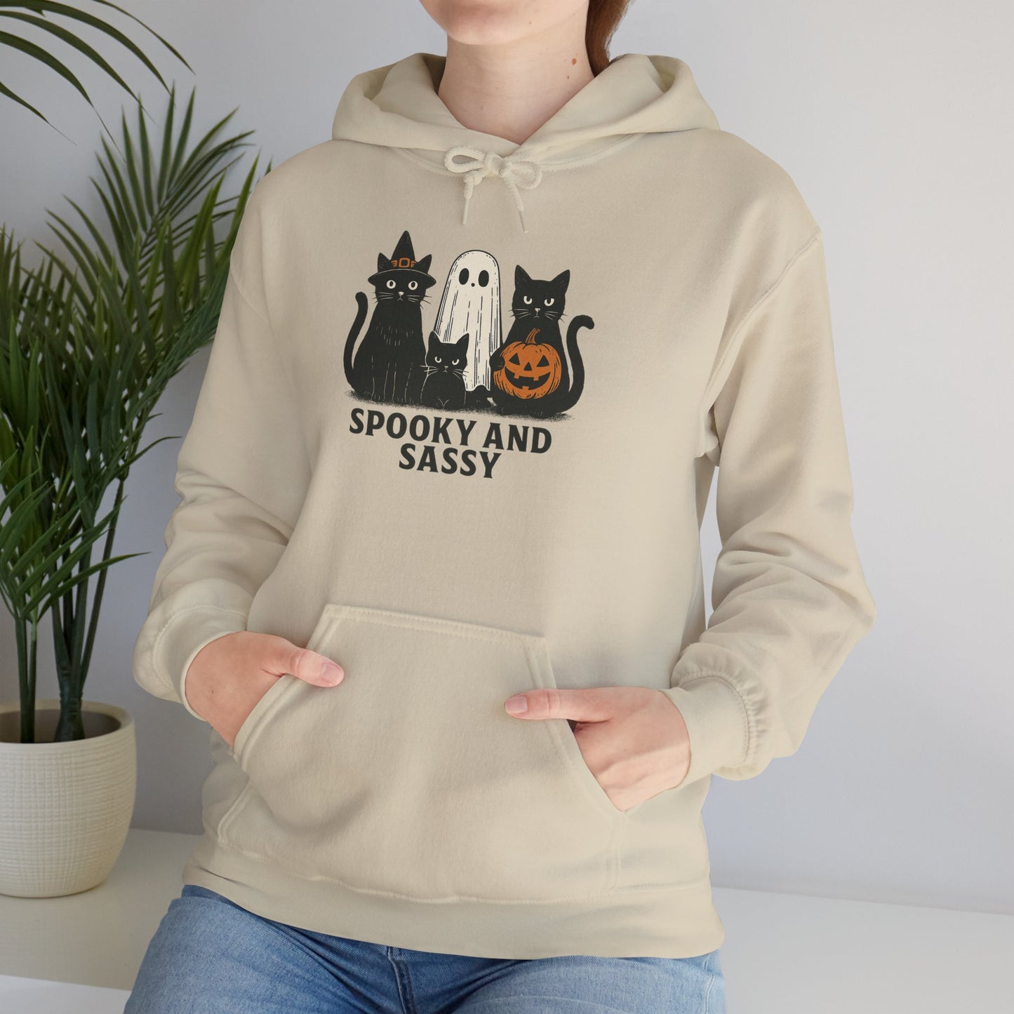 Spooky and Sassy Hoodie, Halloween Hoodie, Unisex Fall Apparel, Cozy Cat Ghost Wear, Perfect for Fall Festivities