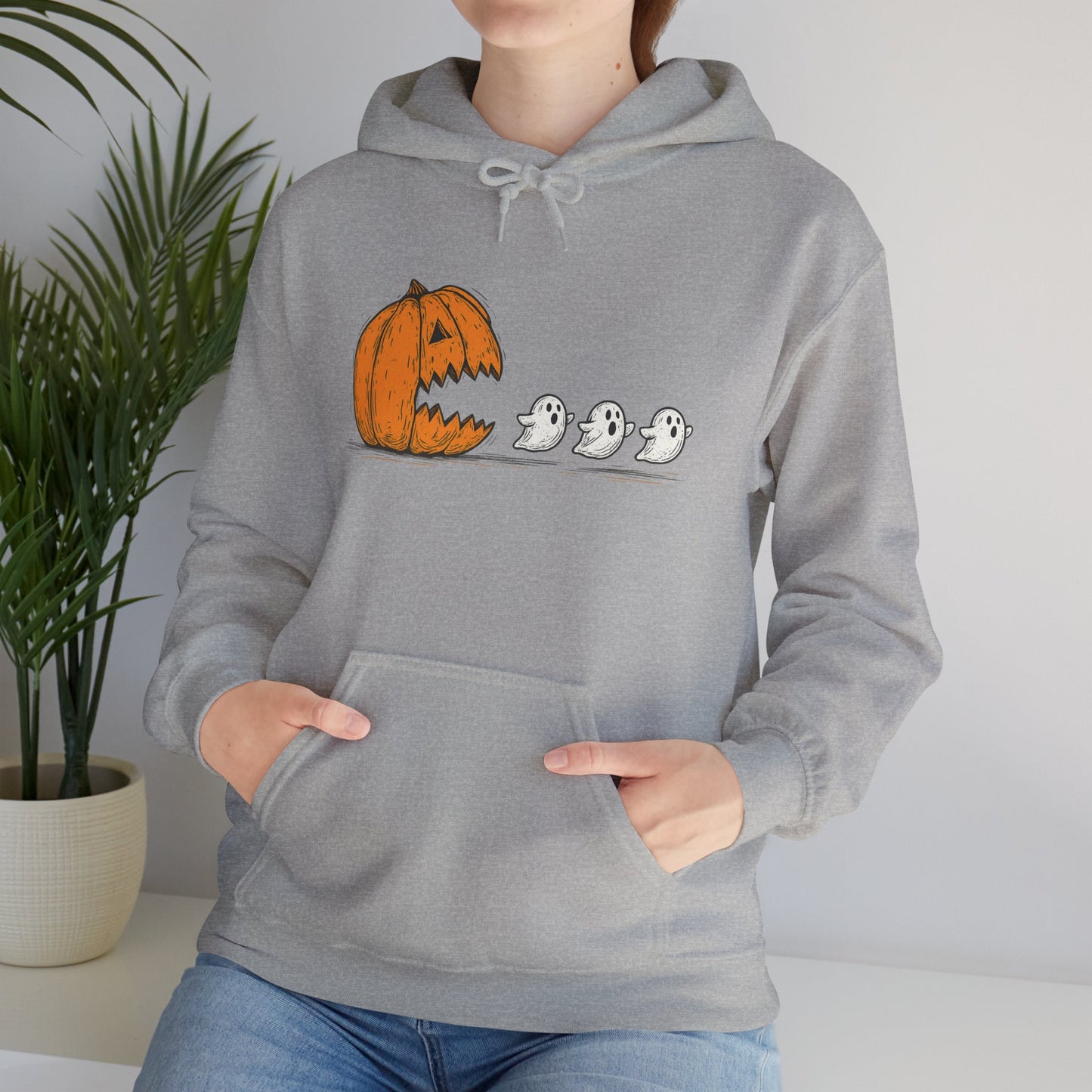 Spooky Ghosts & Pumpkin Hoodie - Unisex Heavy Blend Hoodie, Halloween Apparel, Cozy Fall Layer, Ghost Lovers Gift, Autumn Style