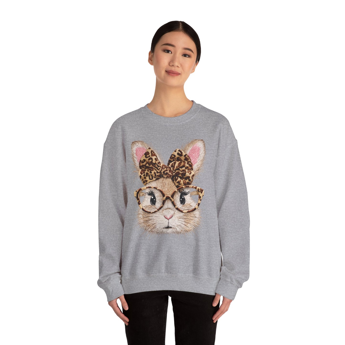 Bunny with Leopard Bow Sweatshirt – Cute Bunny Face with Glasses Graphic Crewneck