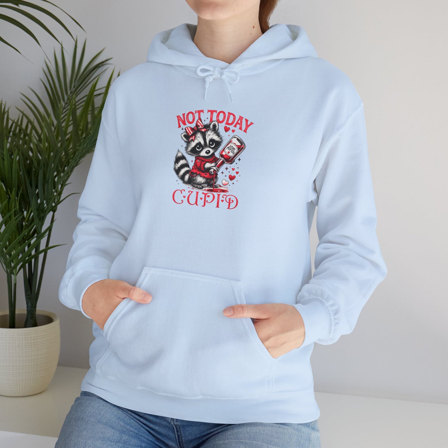 Not Today Cupido Raccoon Hoodie — Funny Valentine Anti-Love Sweatshirt