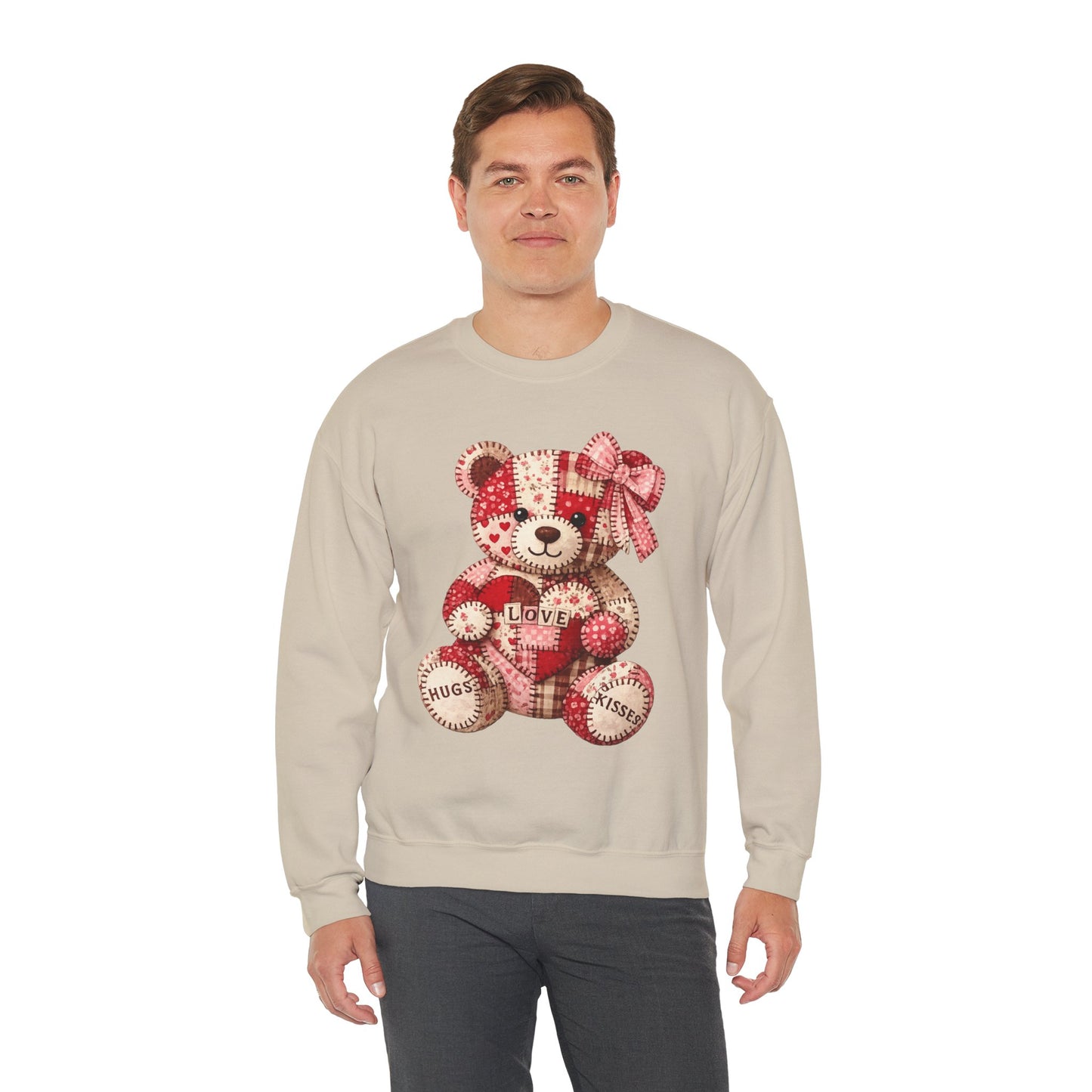 Valentine Patchwork Teddy Sweatshirt — 'Love' Hugs & Kisses Crewneck