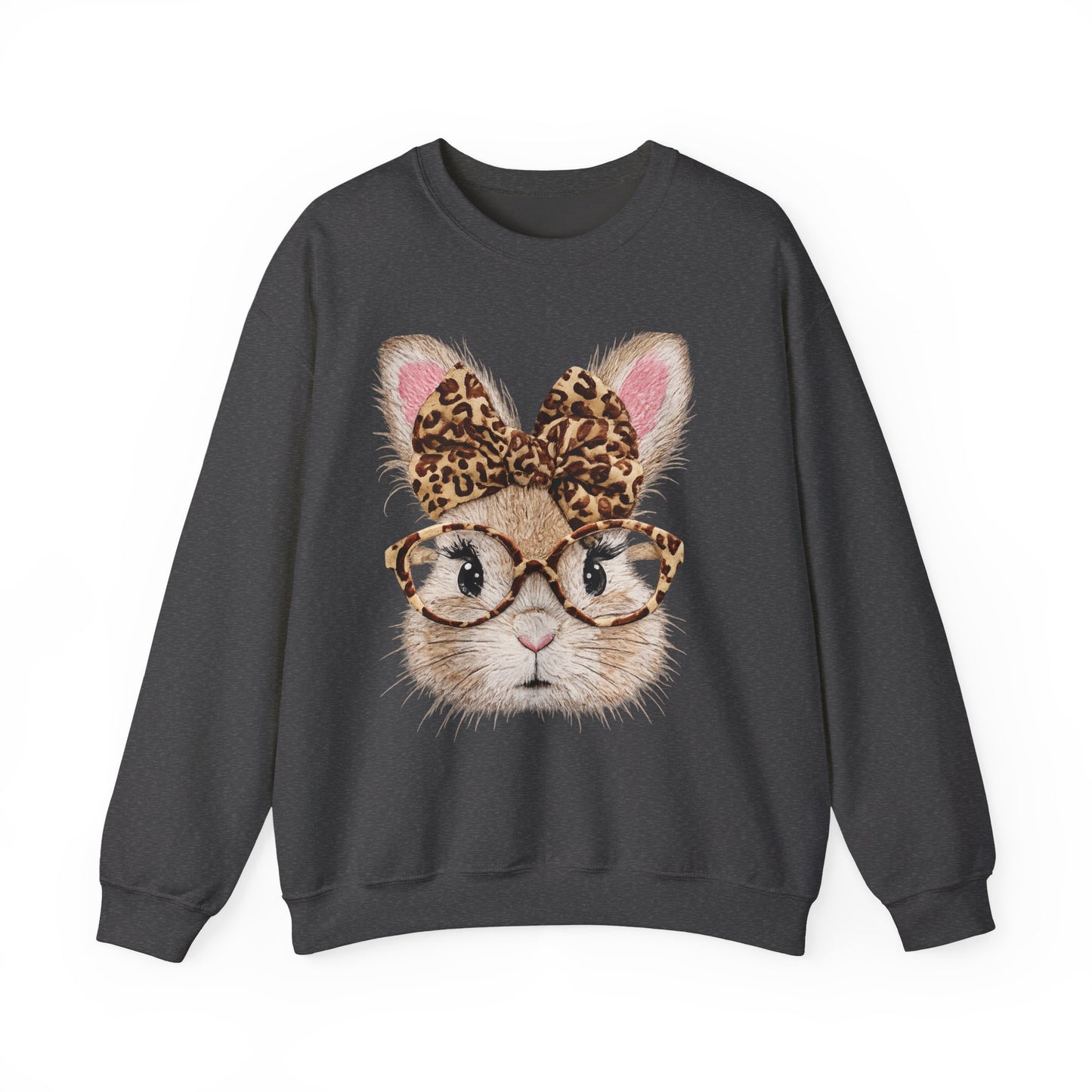 Bunny with Leopard Bow Sweatshirt – Cute Bunny Face with Glasses Graphic Crewneck