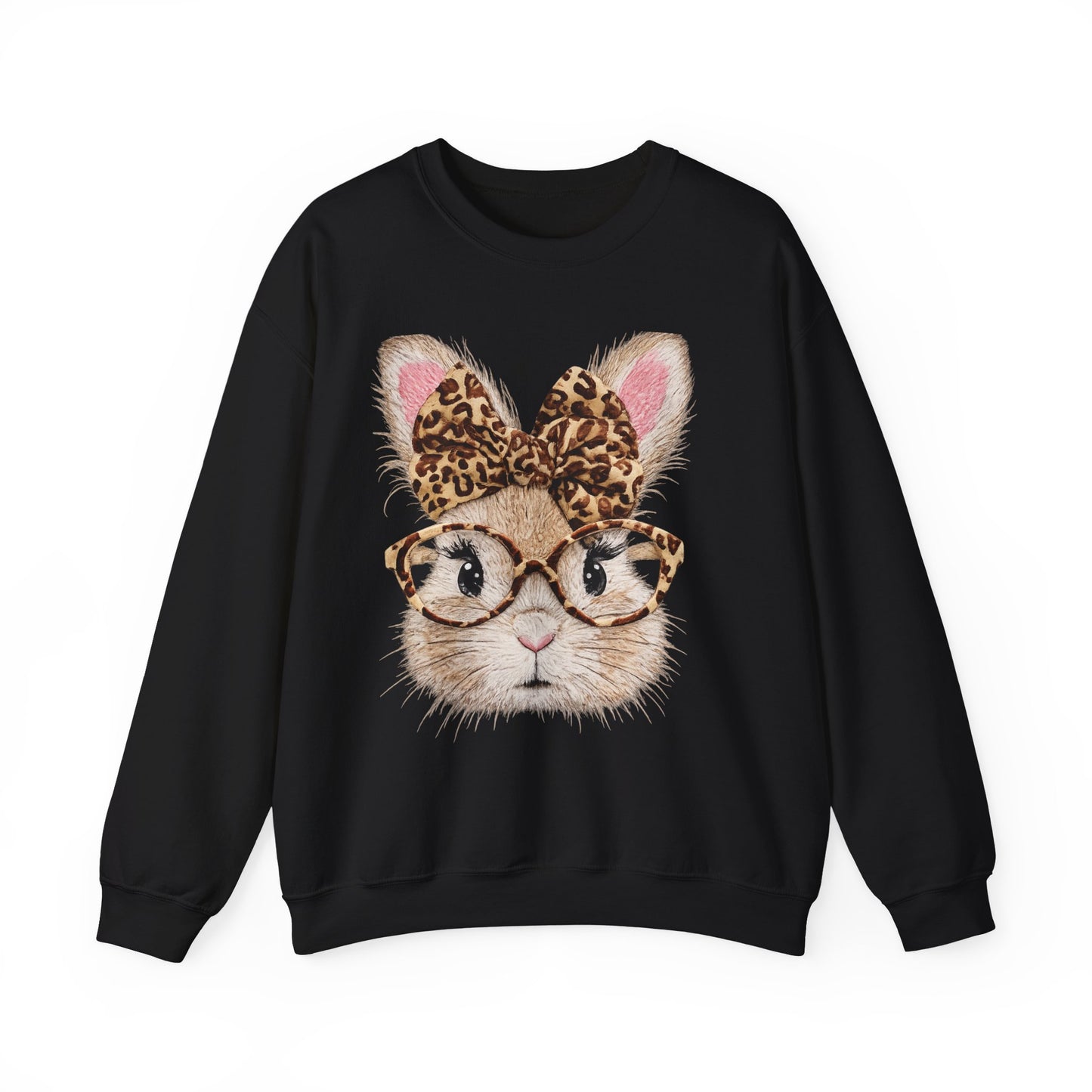 Bunny with Leopard Bow Sweatshirt – Cute Bunny Face with Glasses Graphic Crewneck