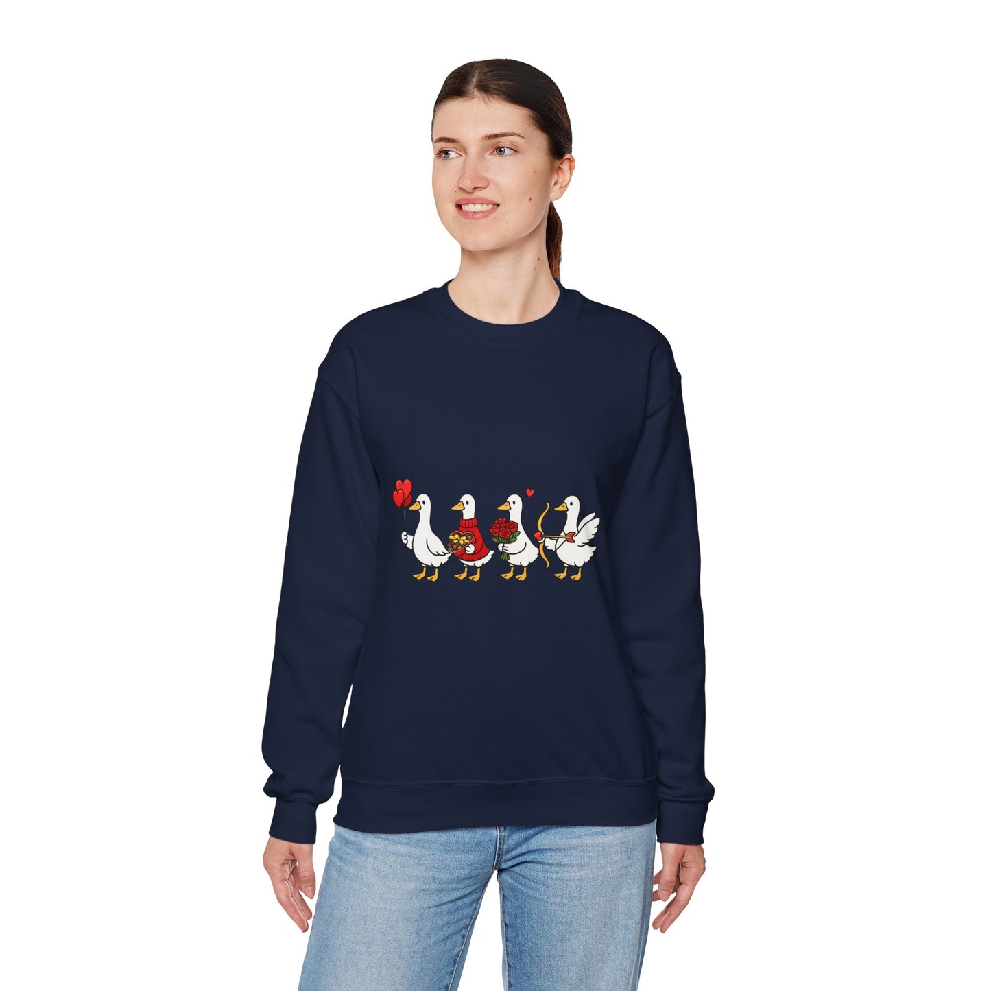 Geese Parade Crewneck Sweatshirt – Cute Valentine Ducks Holding Hearts Graphic