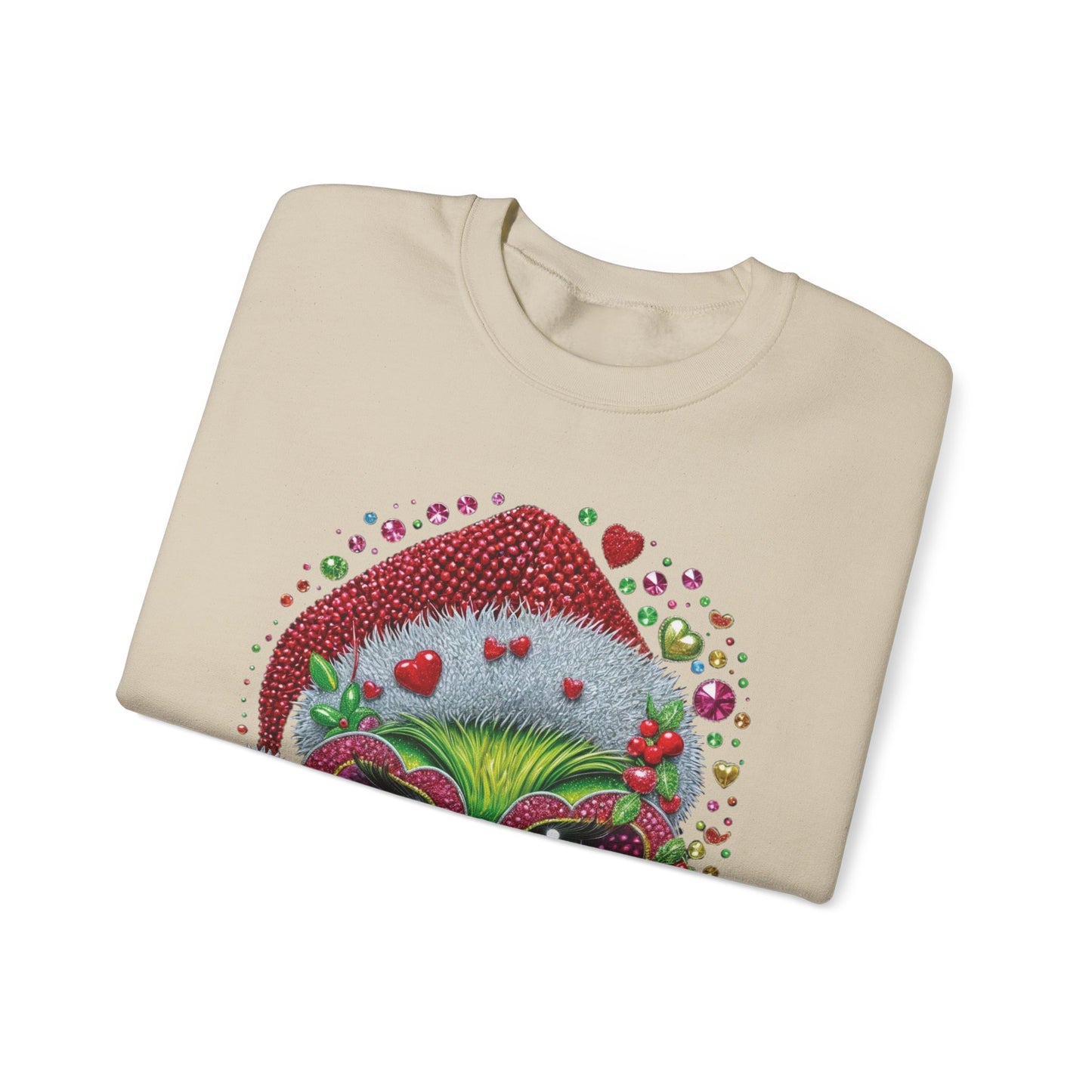 Christmas Grinch Cat Sweatshirt — Festive Santa Hat & Heart Sunglasses Holiday Crewneck