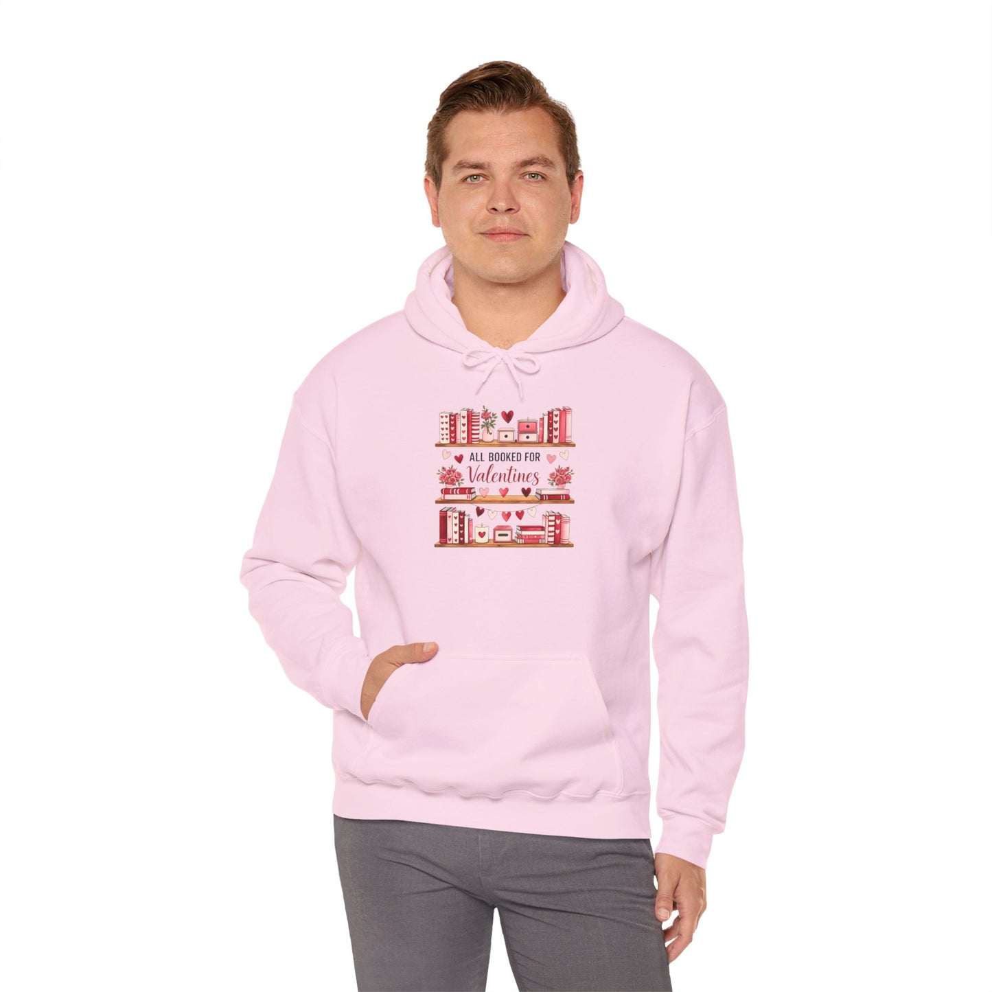 Valentine’s Day Cozy Hoodie – “All Booked for Valentine’s” Cute Bookshop Graphic