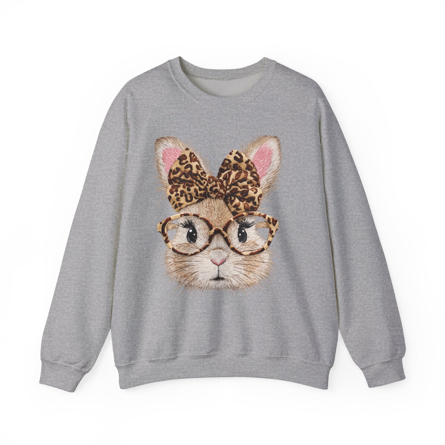 Bunny with Leopard Bow Sweatshirt – Cute Bunny Face with Glasses Graphic Crewneck