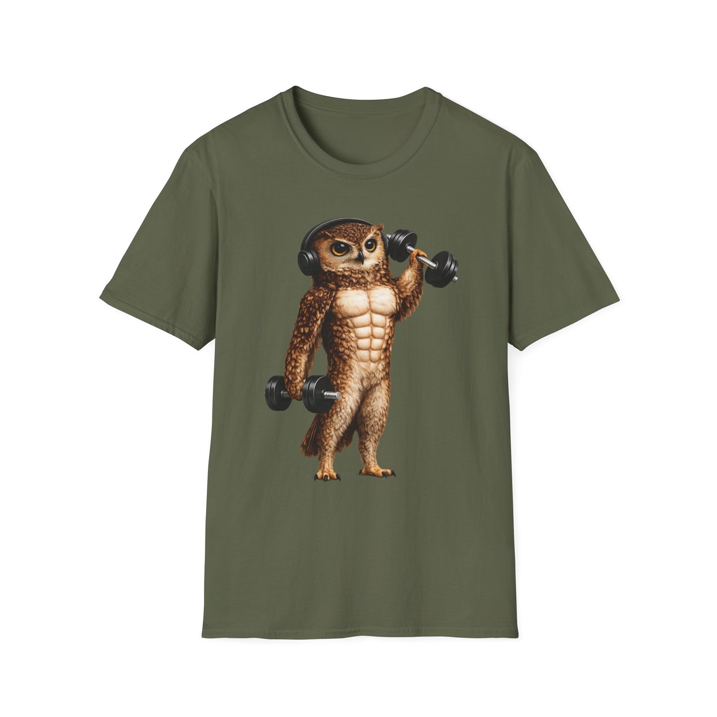 Fitness Owl T-Shirt — Muscular Owl Lifting Dumbbells Graphic Tee