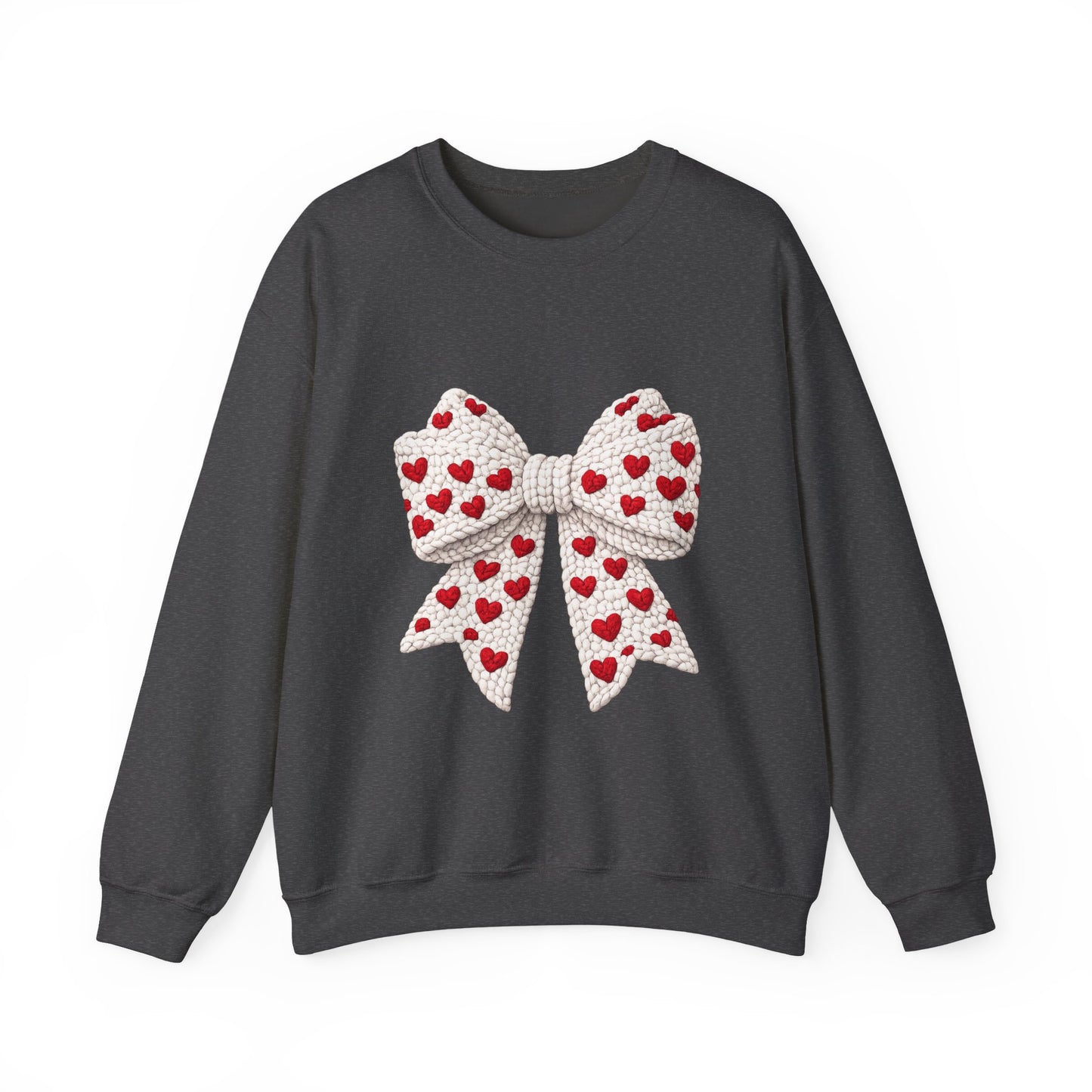 Crewneck Sweatshirt — Knit Heart Bow Graphic (Valentine’s Day, Cute Cozy Pullover)