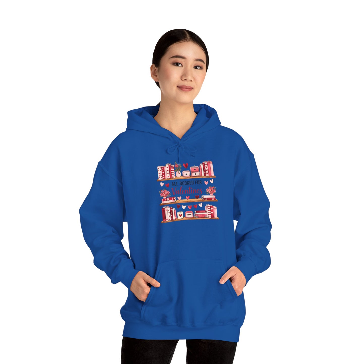 Valentine’s Day Cozy Hoodie – “All Booked for Valentine’s” Cute Bookshop Graphic