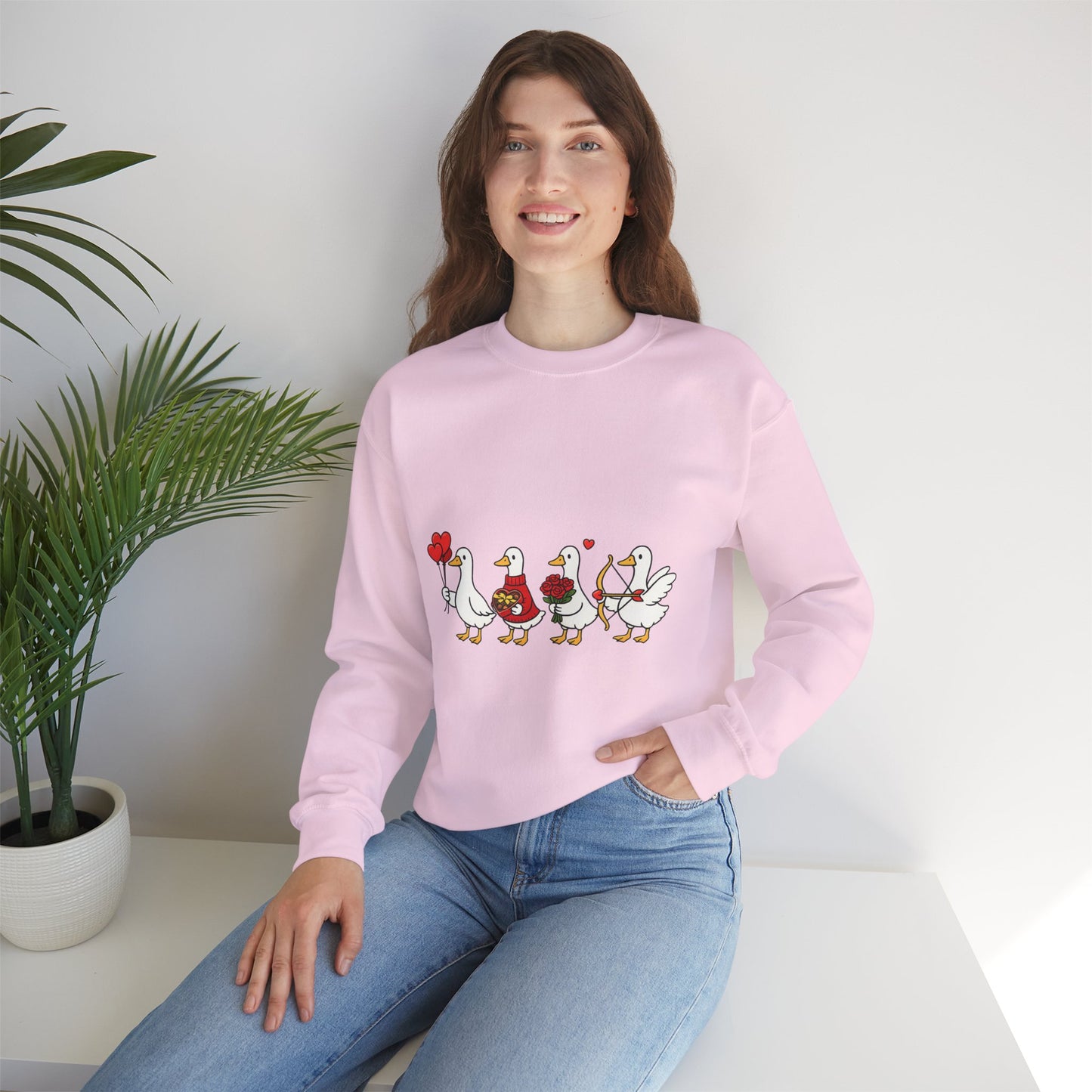 Geese Parade Crewneck Sweatshirt – Cute Valentine Ducks Holding Hearts Graphic