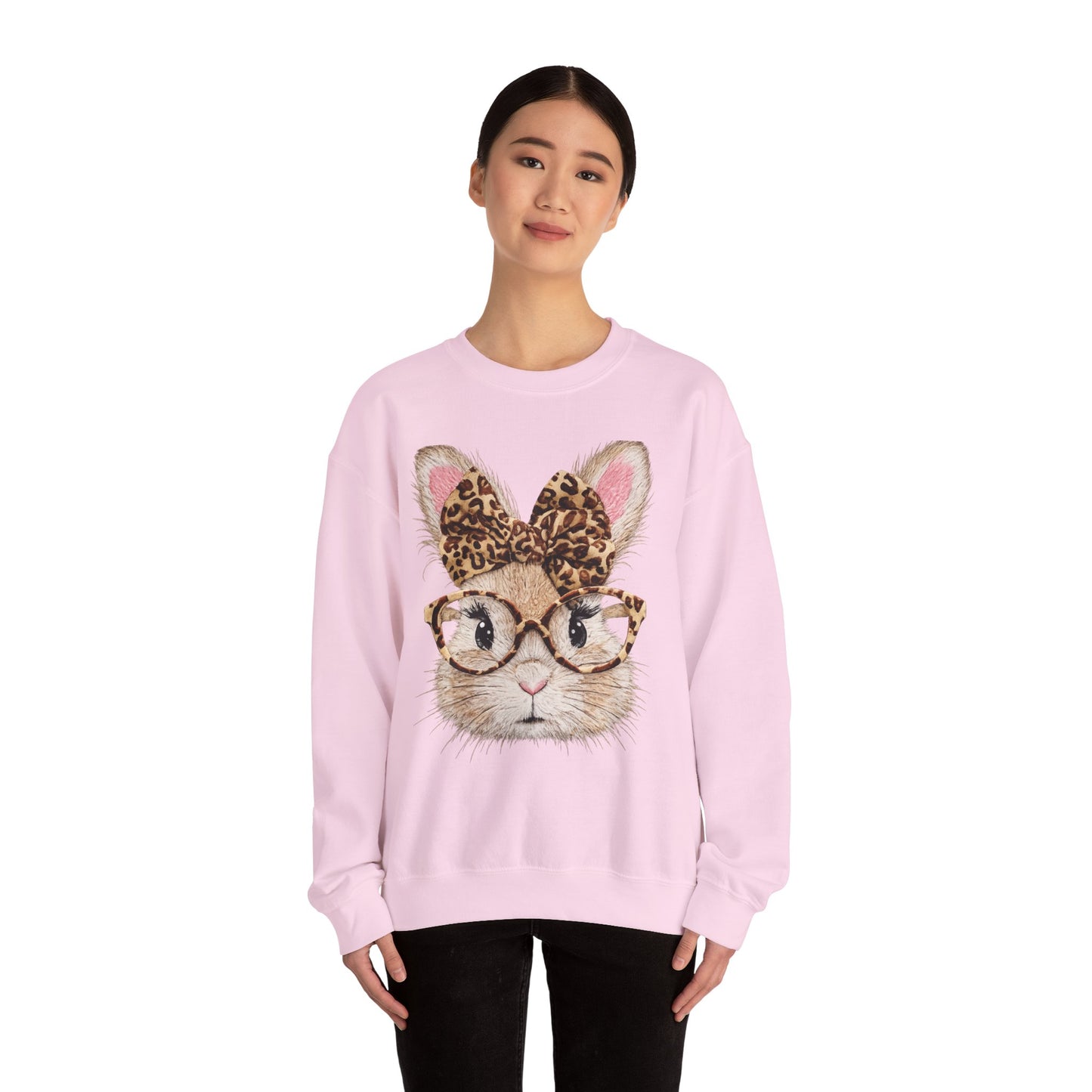 Bunny with Leopard Bow Sweatshirt – Cute Bunny Face with Glasses Graphic Crewneck