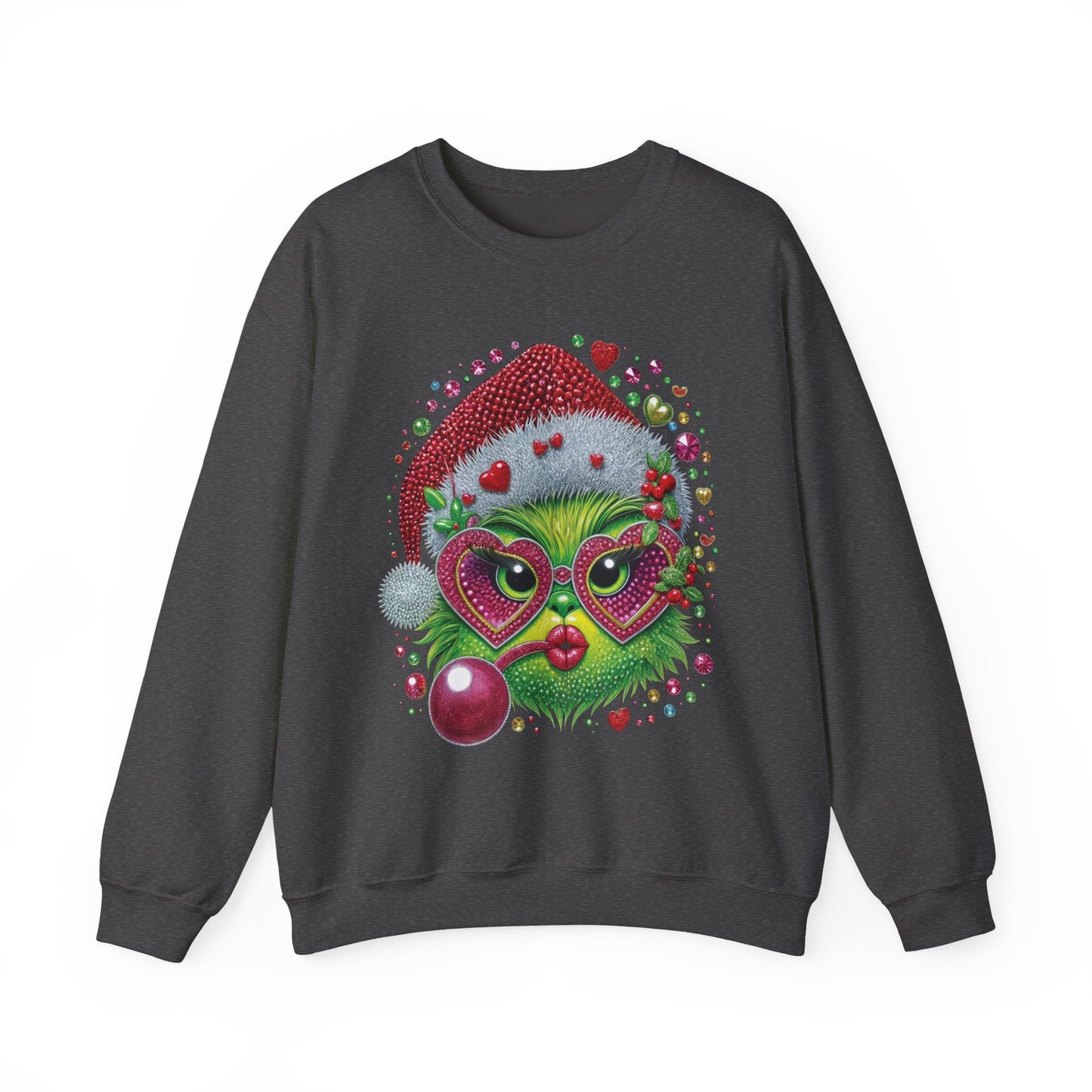 Christmas Grinch Cat Sweatshirt — Festive Santa Hat & Heart Sunglasses Holiday Crewneck