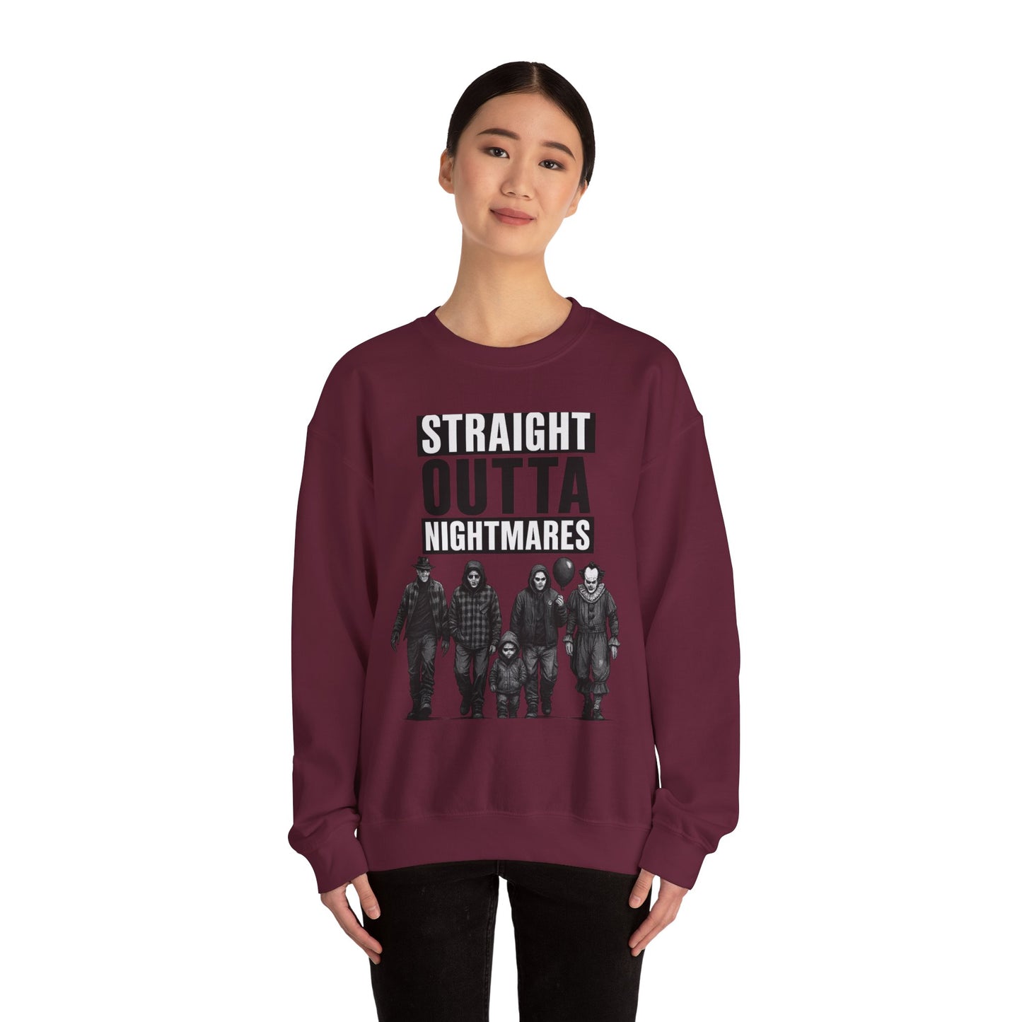 Straight Outta Nightmares Crewneck Sweatshirt | Unisex Pullover for Halloween, Cozy Gift for Horror Fans, Casual Layering